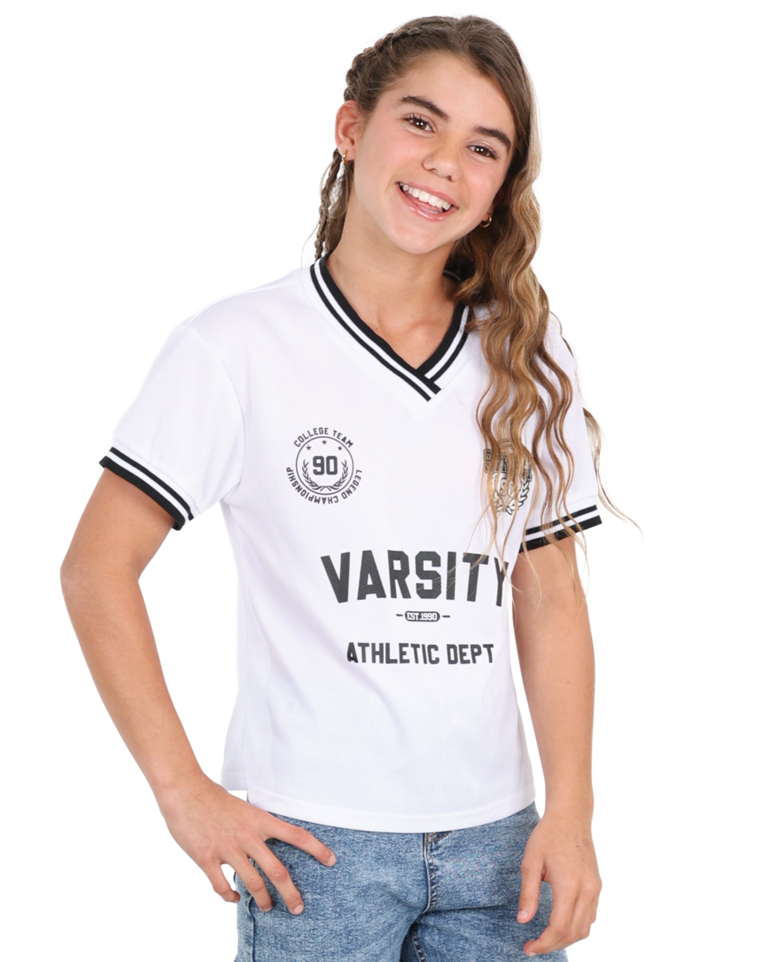 White Varsity Football Short Sleeve Top