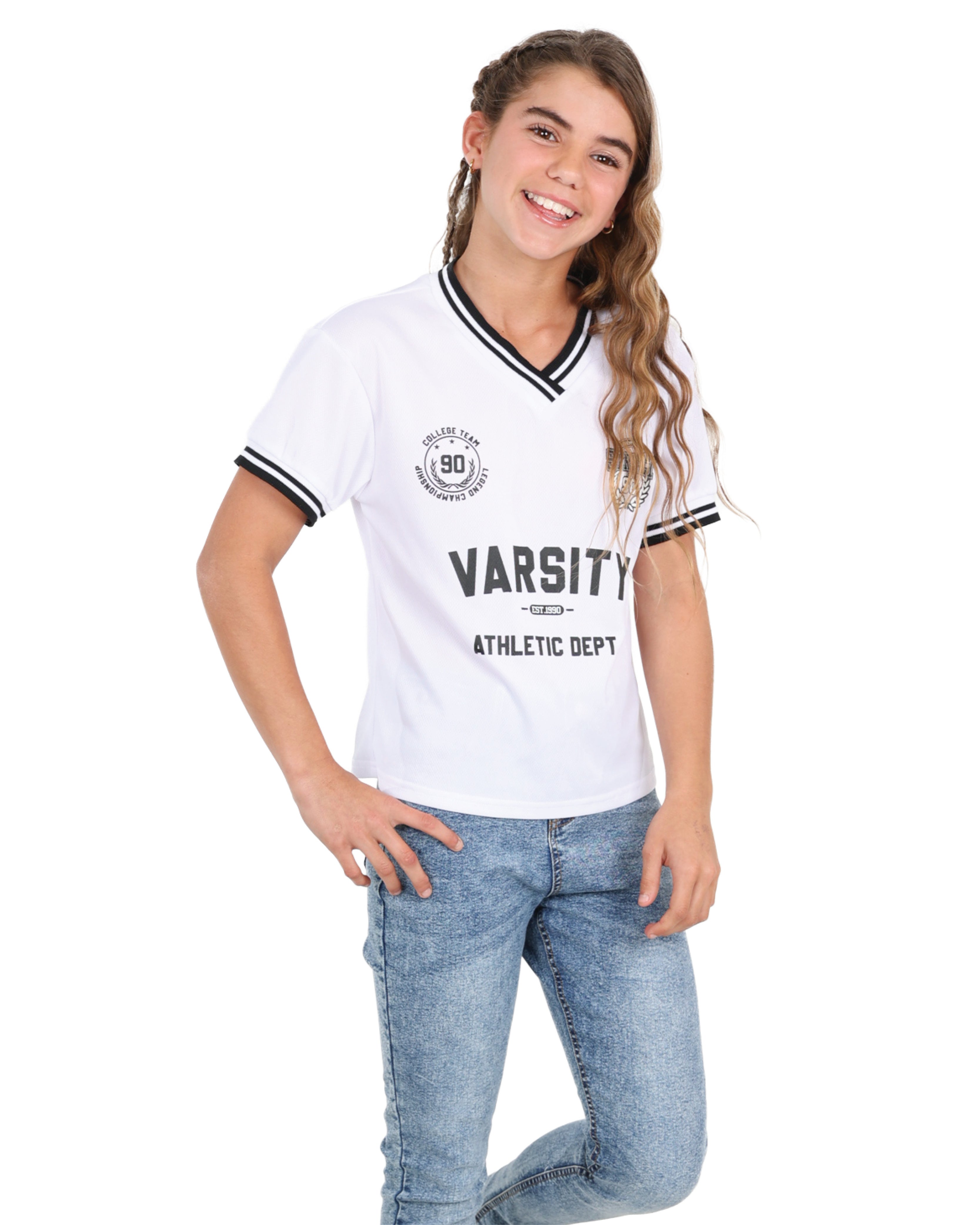 White Varsity Football Short Sleeve Top