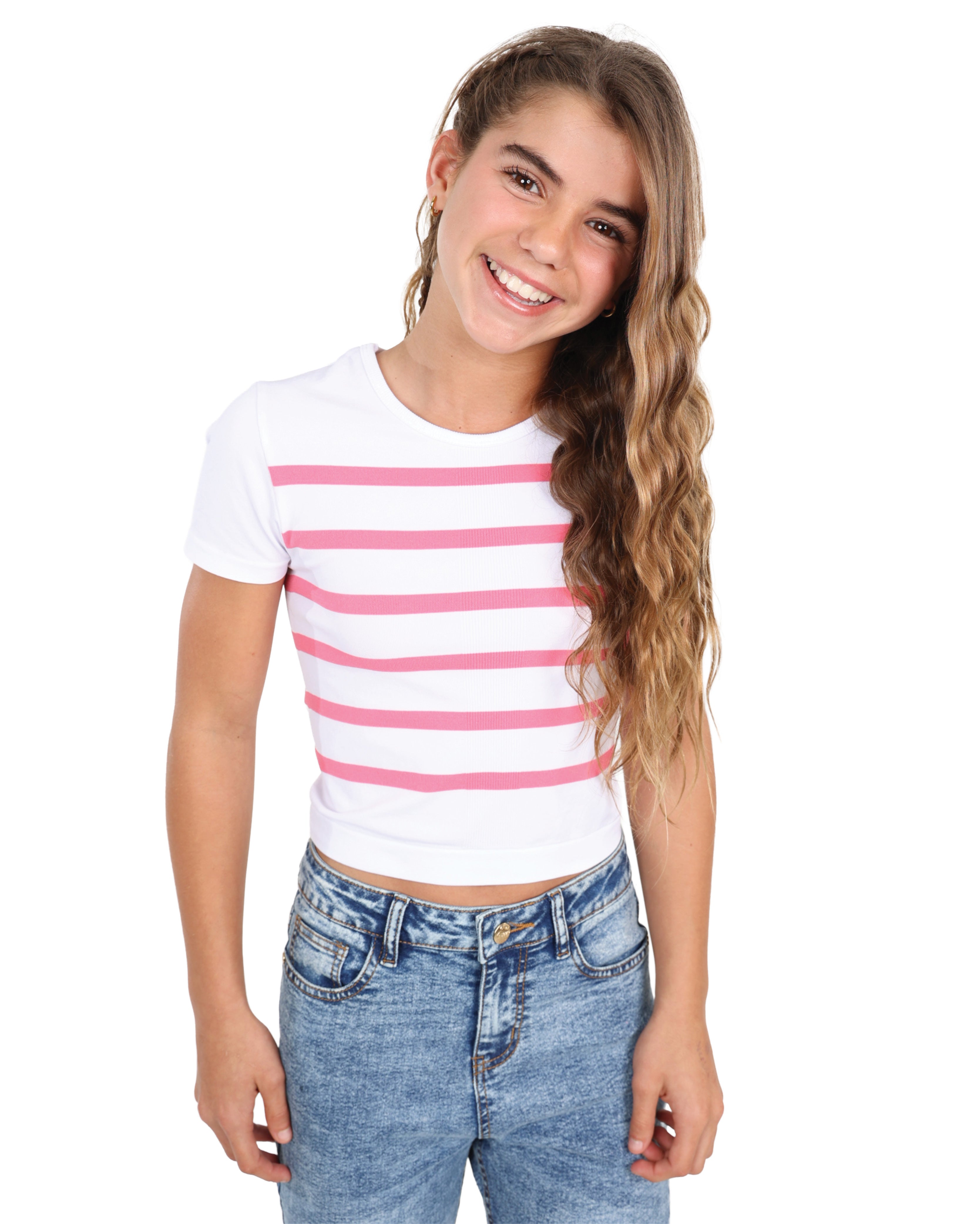 White Stripe Short Sleeve Seamless Crop Top