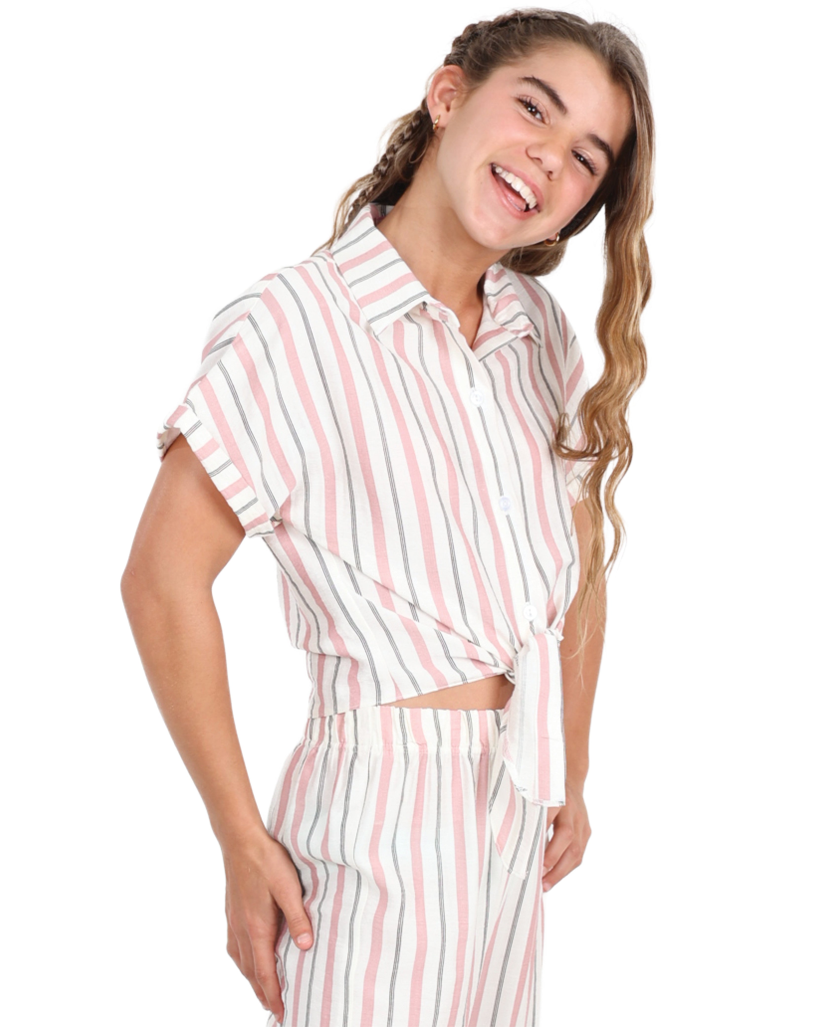 Short Sleeve Tie Front Striped Shirt