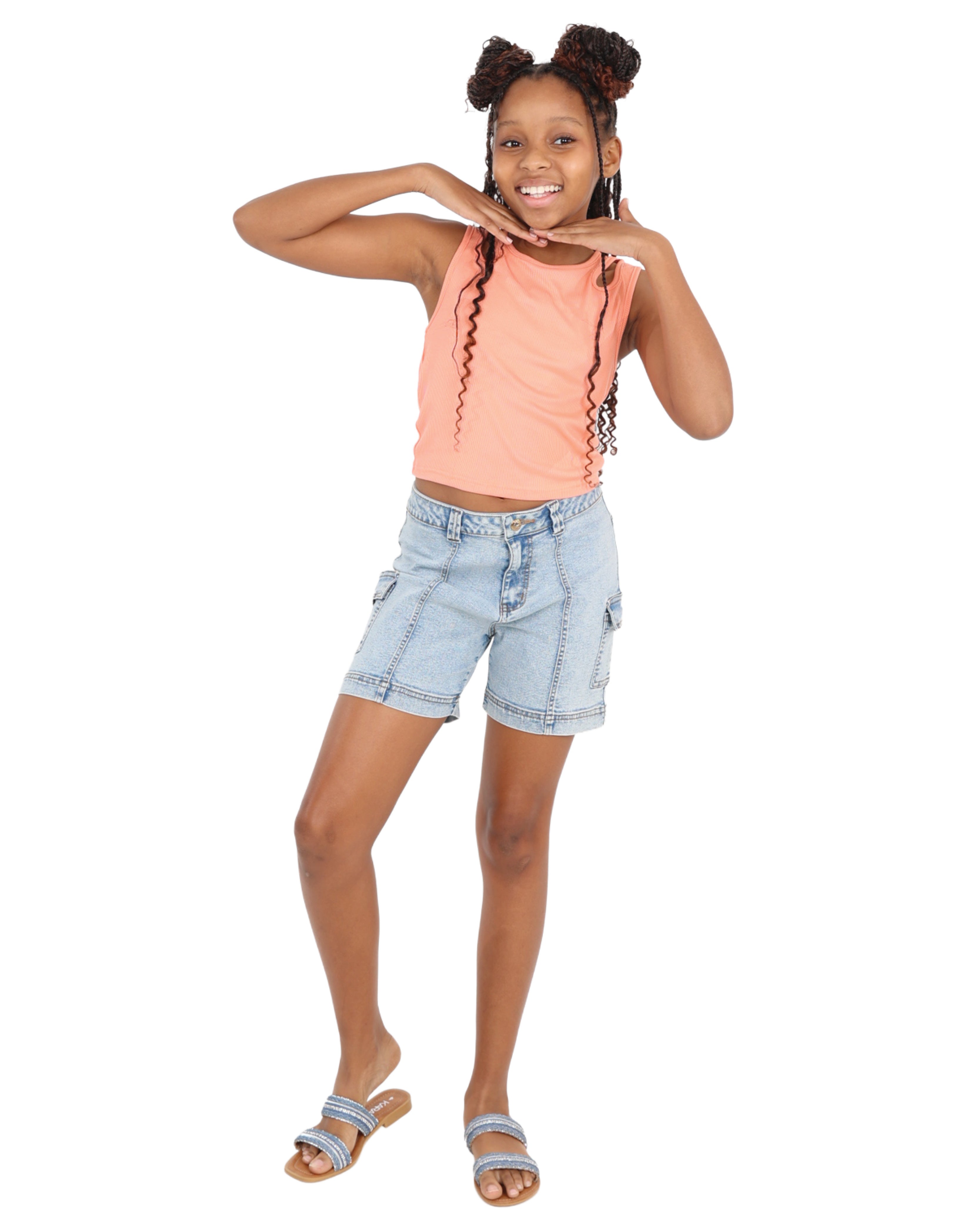 Snow Wash Stretch Denim Cargo Shorts