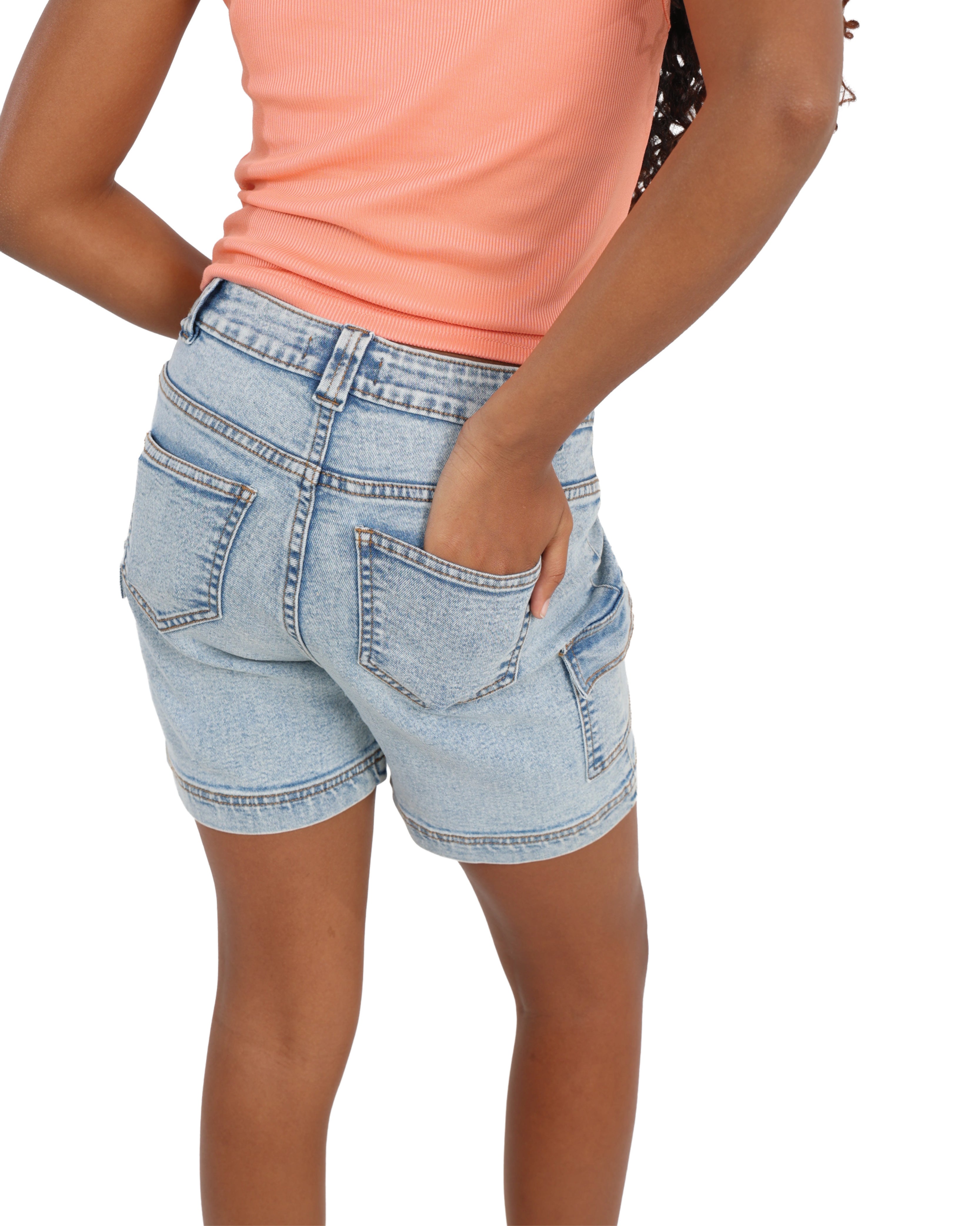 Snow Wash Stretch Denim Cargo Shorts
