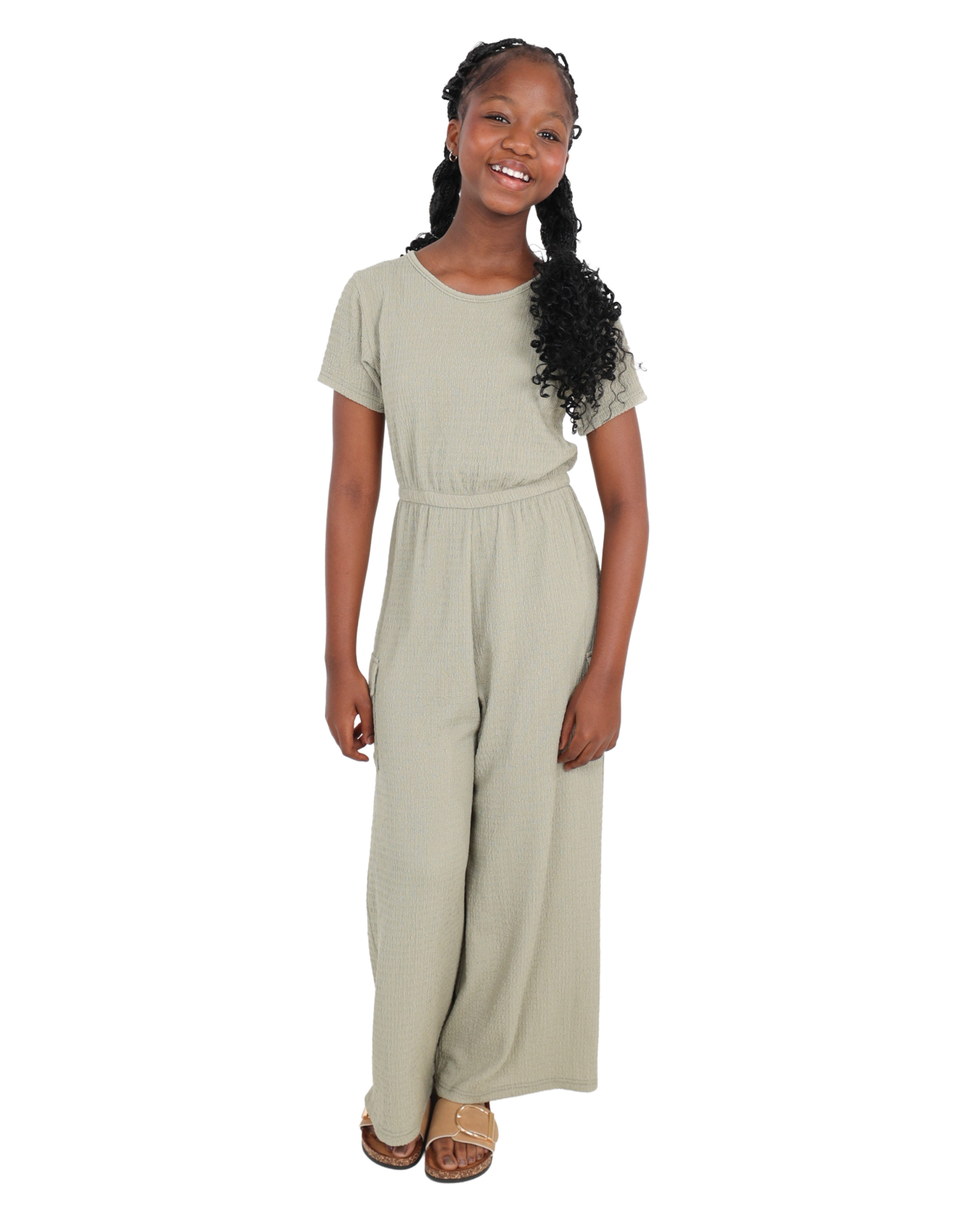 Textured Green Cargo Jumpsuit