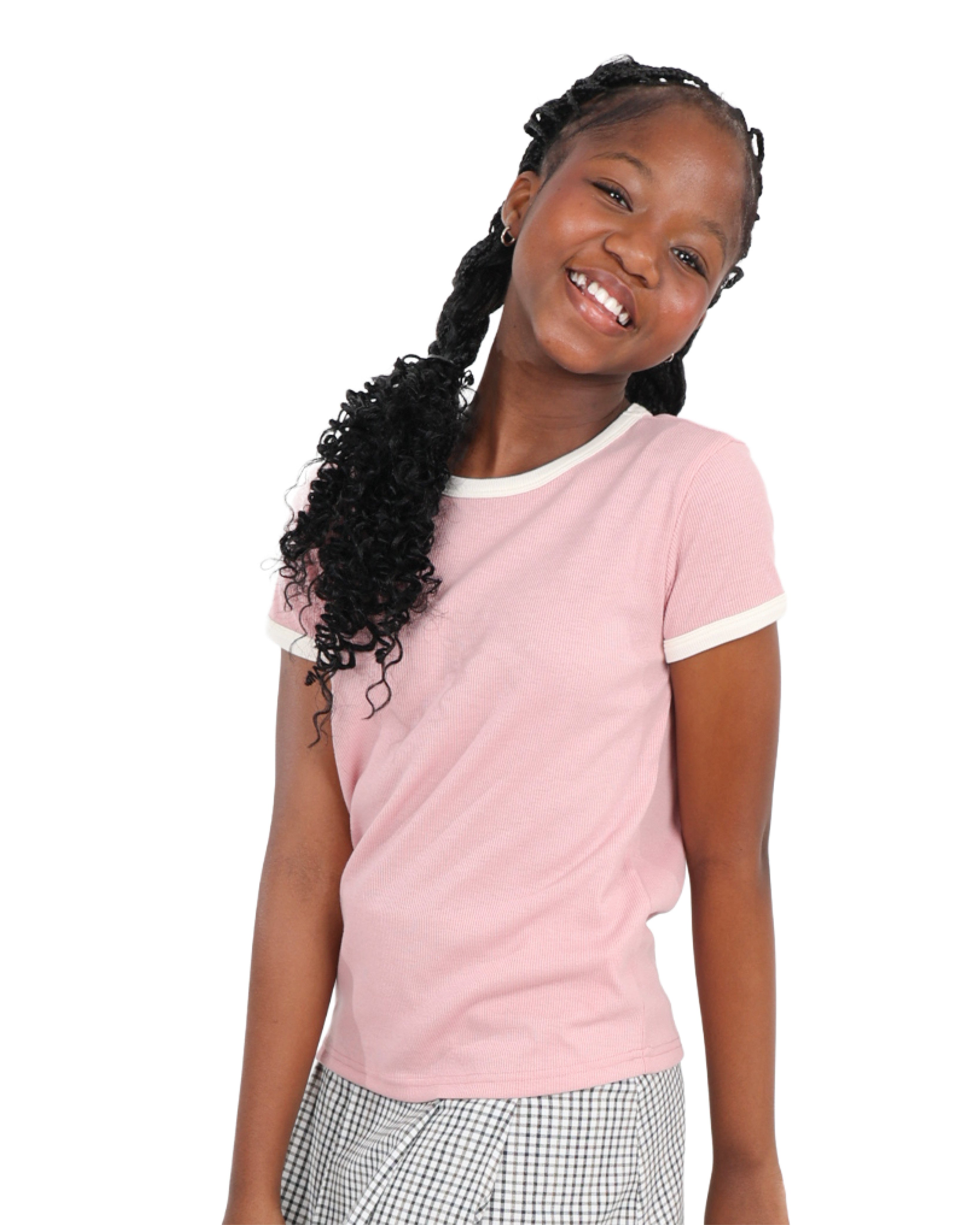 Pink Short Sleeve Contrast Ribbed T-Shirt