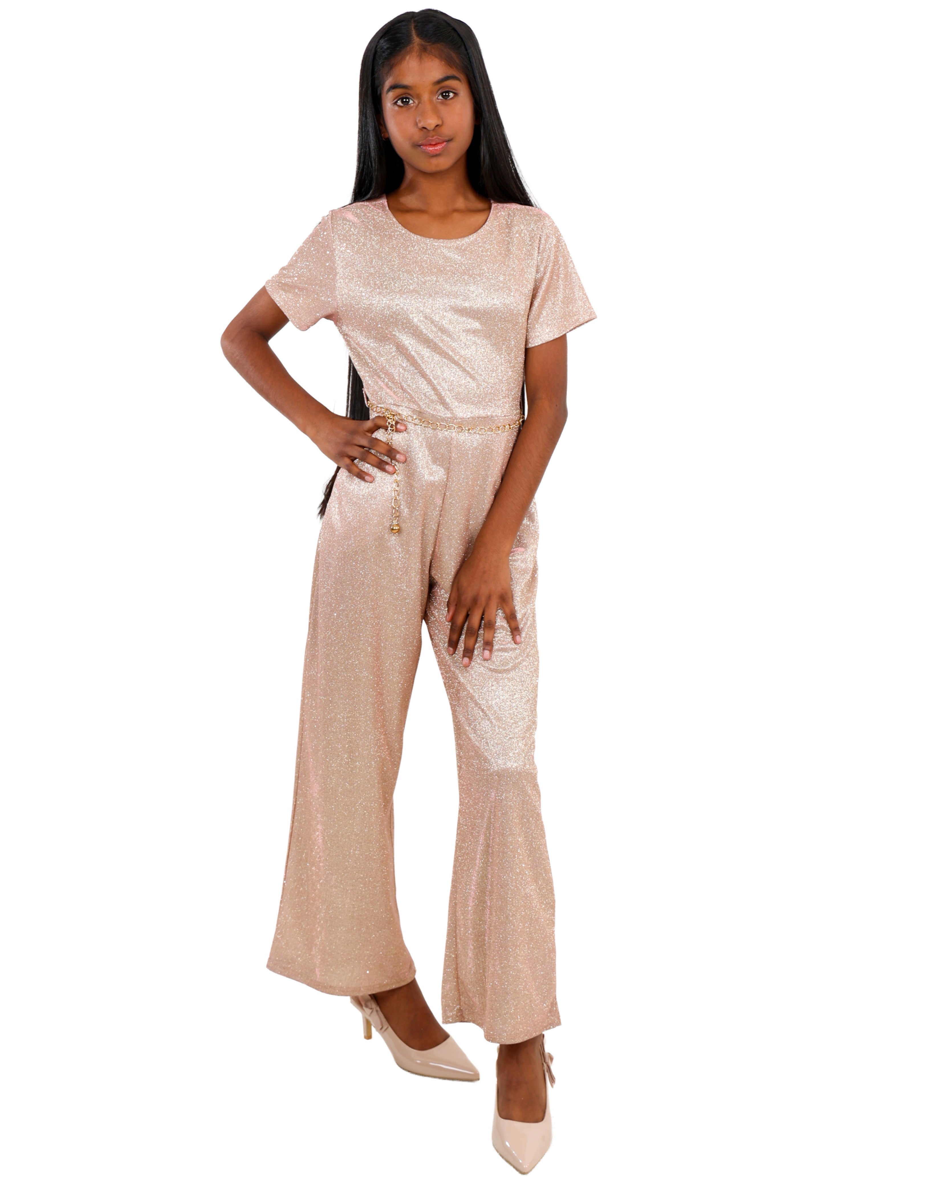 Gold Shimmer Jumpsuit with Chain Belt