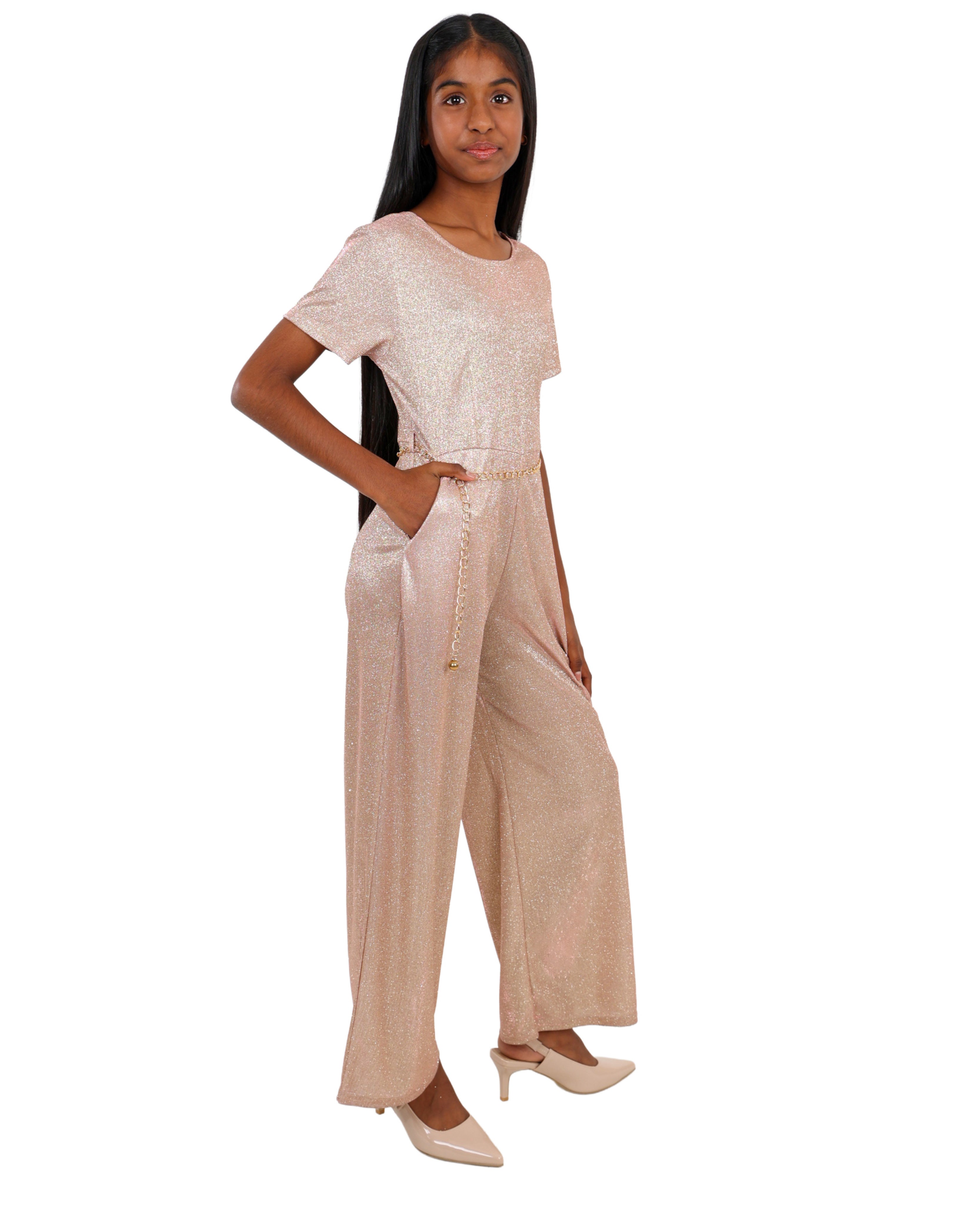 Gold Shimmer Jumpsuit with Chain Belt