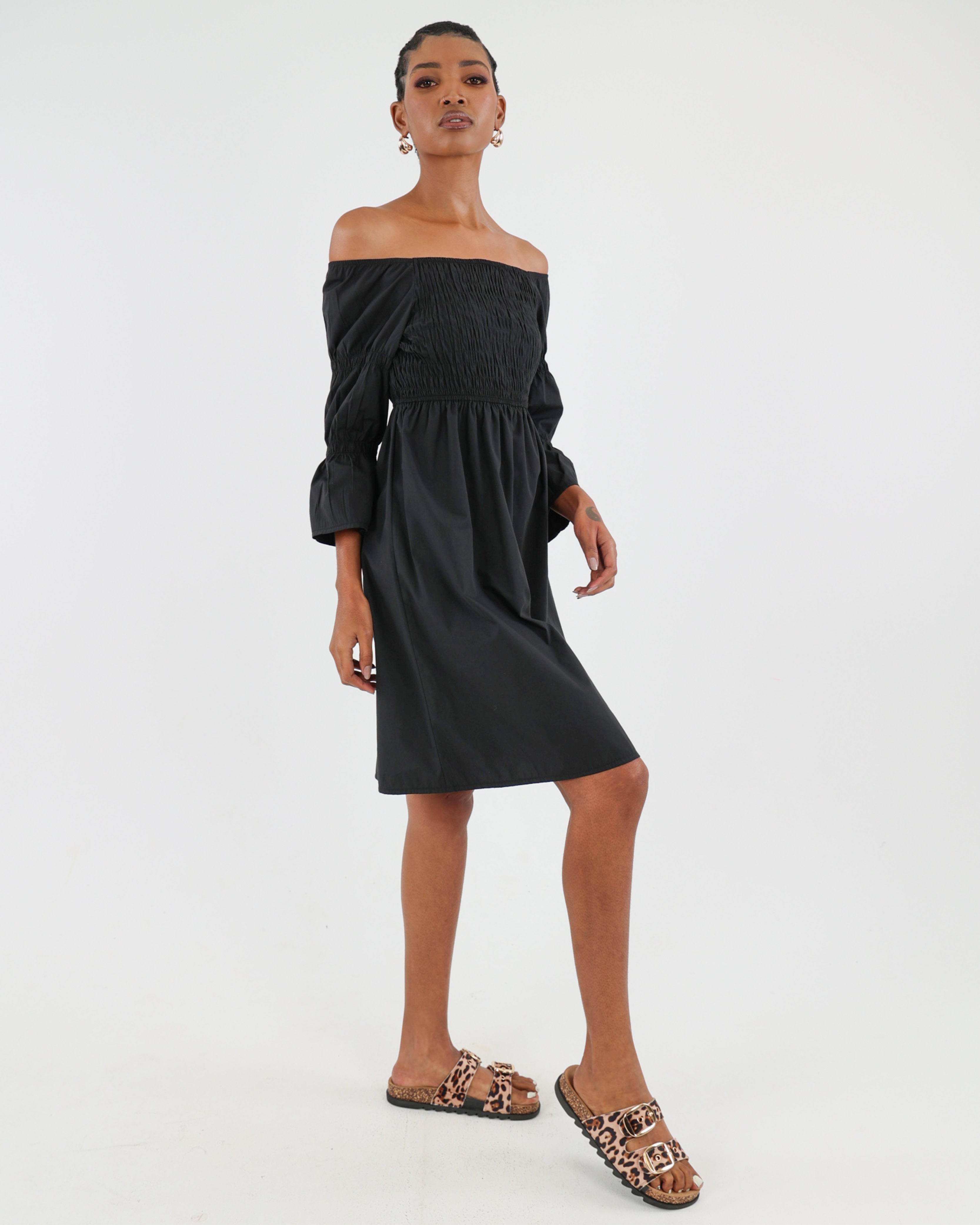 Shirred Bodice Off-The-Shoulder Mini Dress