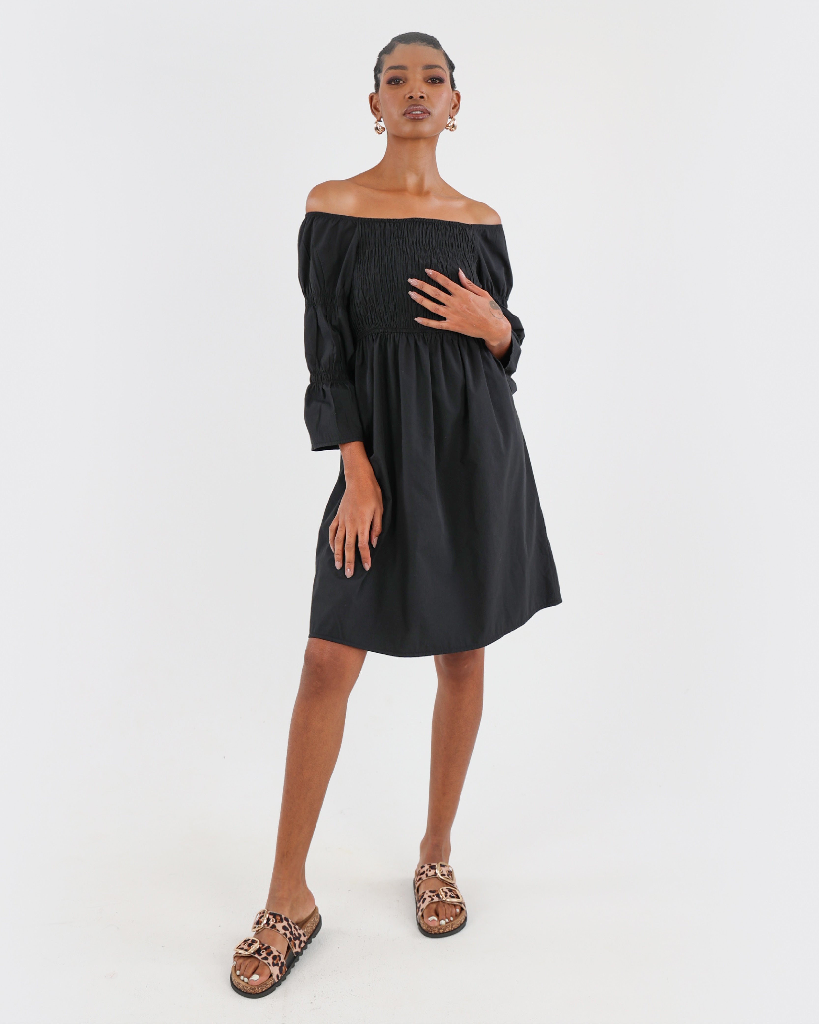 Shirred Bodice Off-The-Shoulder Mini Dress
