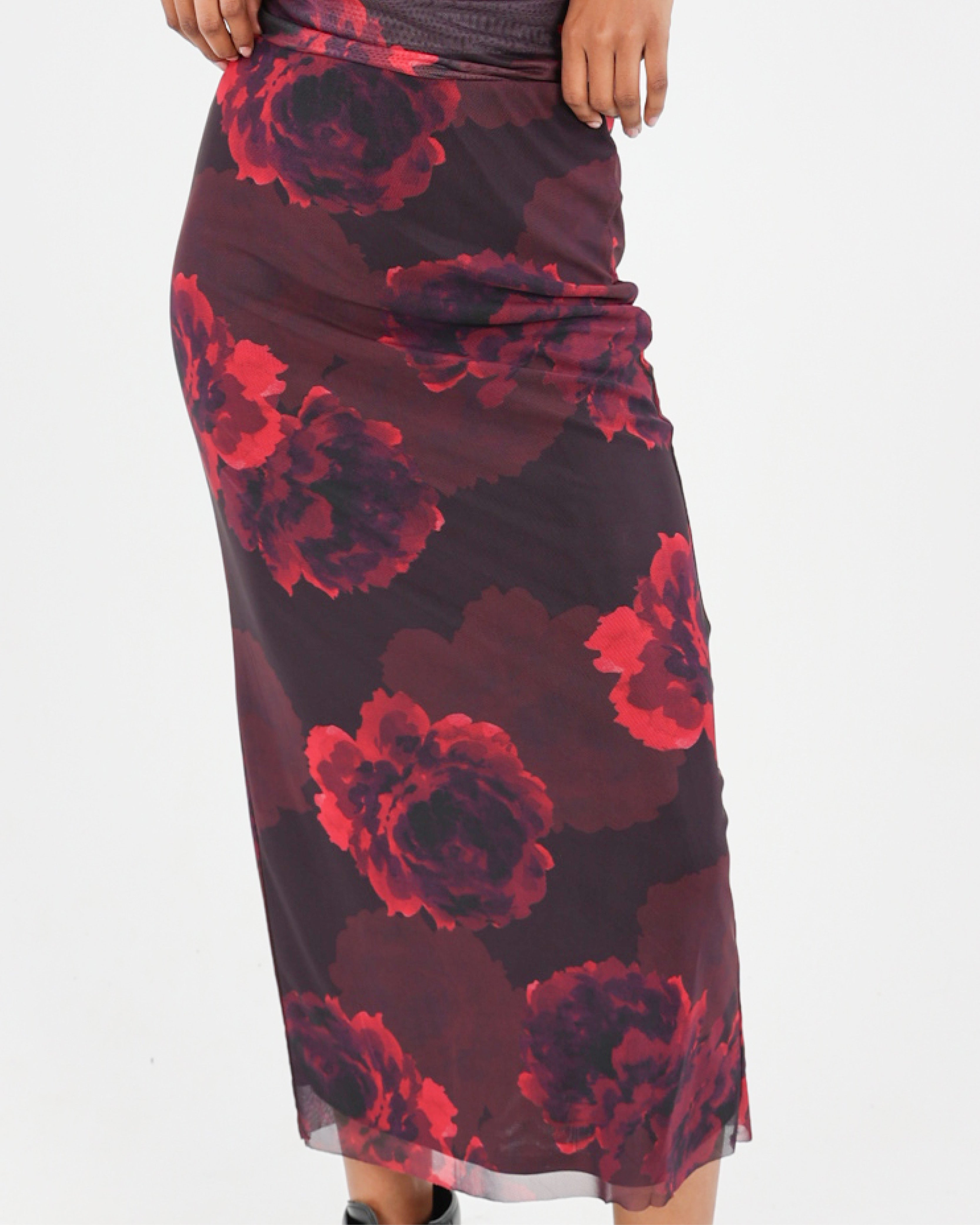 Midi Mesh Floral Stretch Skirt