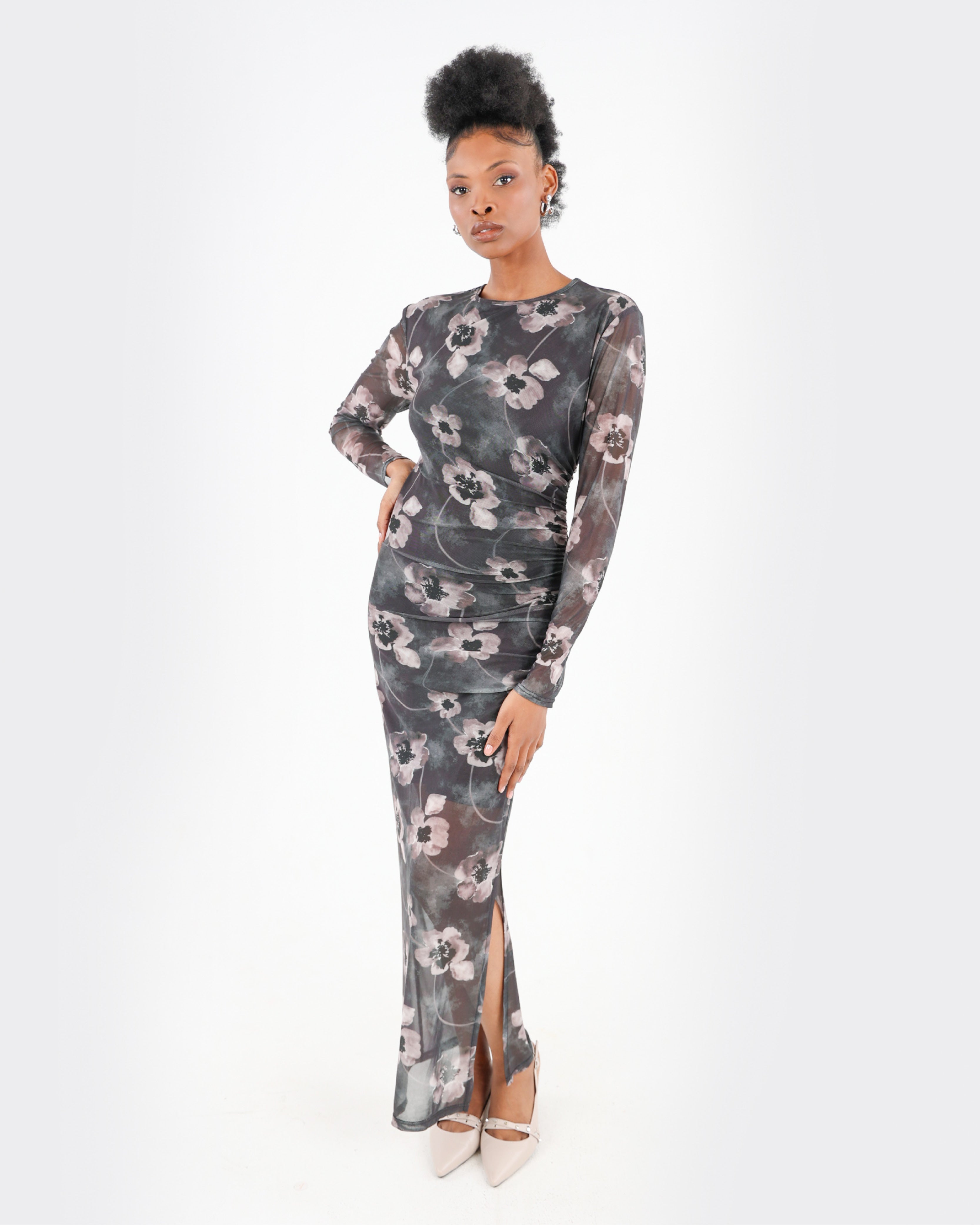 Long Sleeve Floral Mesh Maxi Bodycon Dress