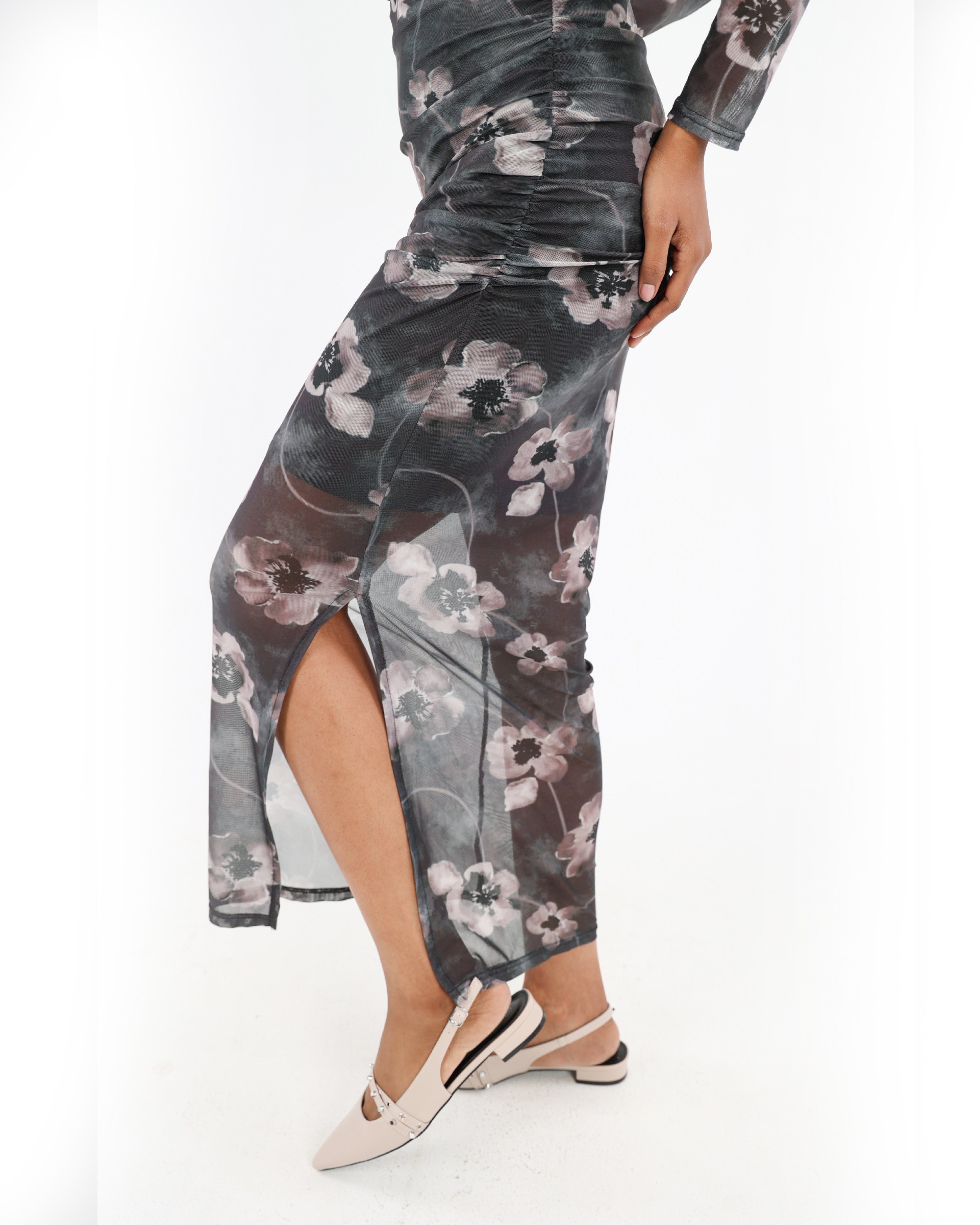 Long Sleeve Floral Mesh Maxi Bodycon Dress
