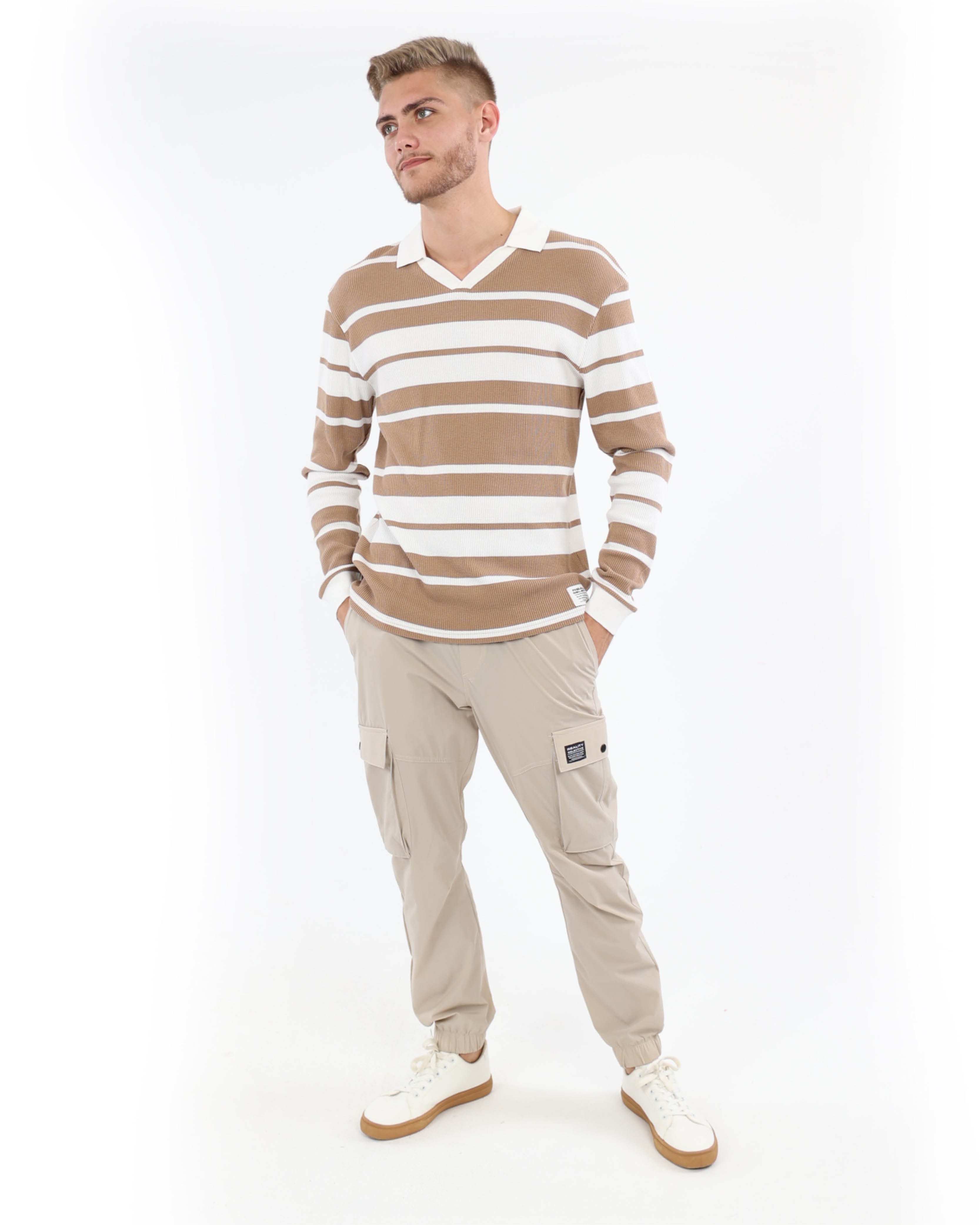 Waffle Stripe Johnny Collar Top