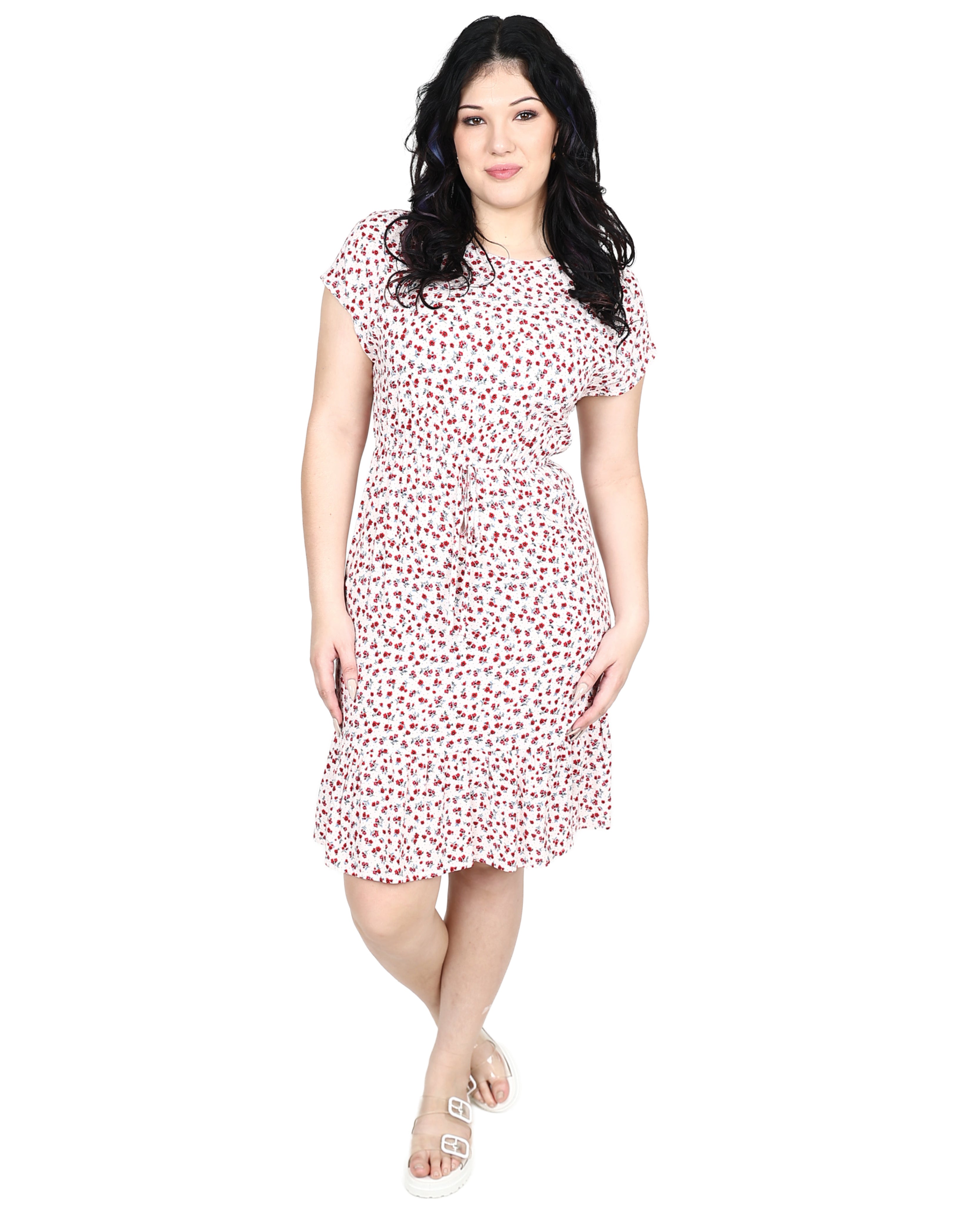 Short Sleeve Floral Print Elastic Waist Dress