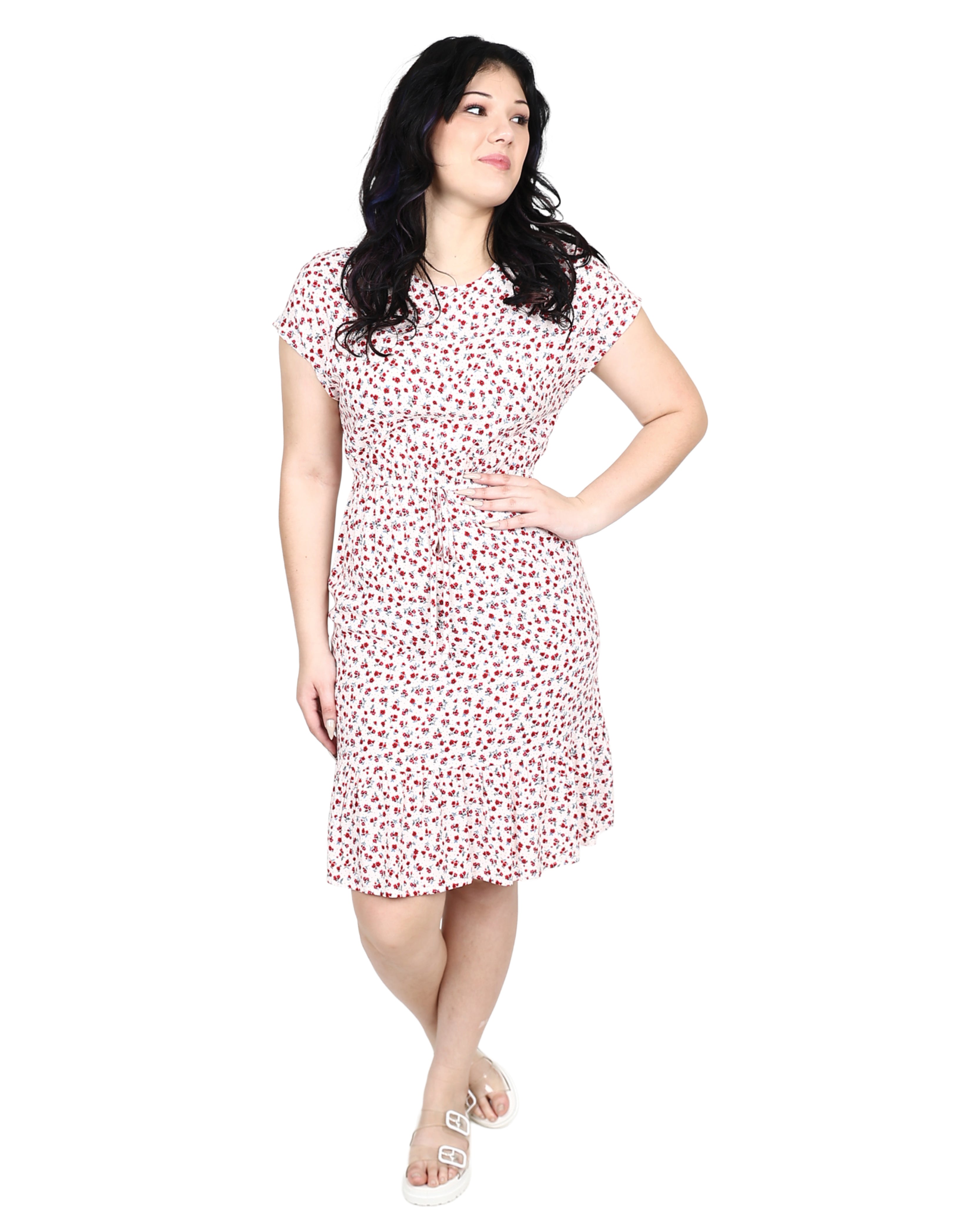 Short Sleeve Floral Print Elastic Waist Dress