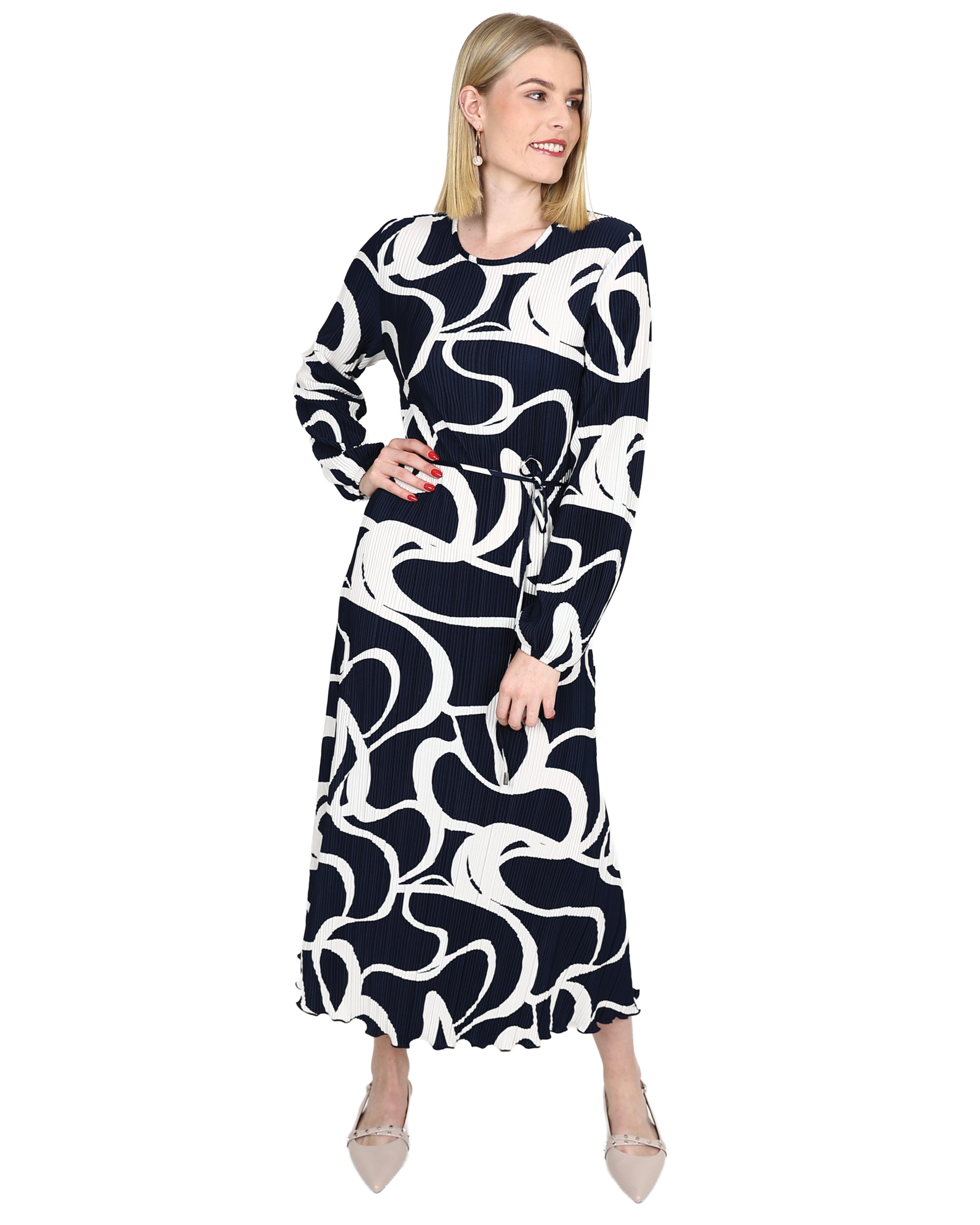 Long Sleeve Plissé Swirl Print Midi Dress