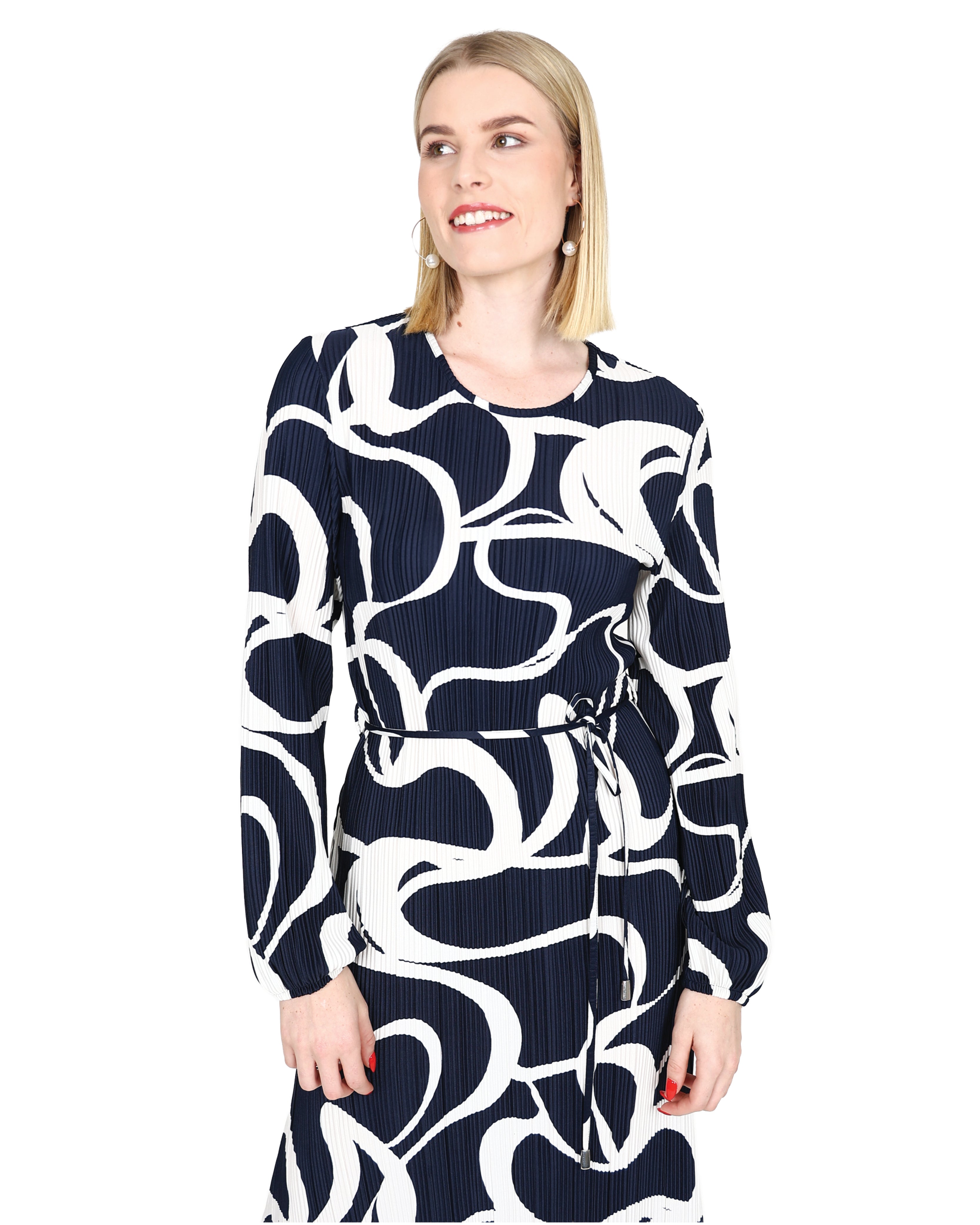 Long Sleeve Plissé Swirl Print Midi Dress