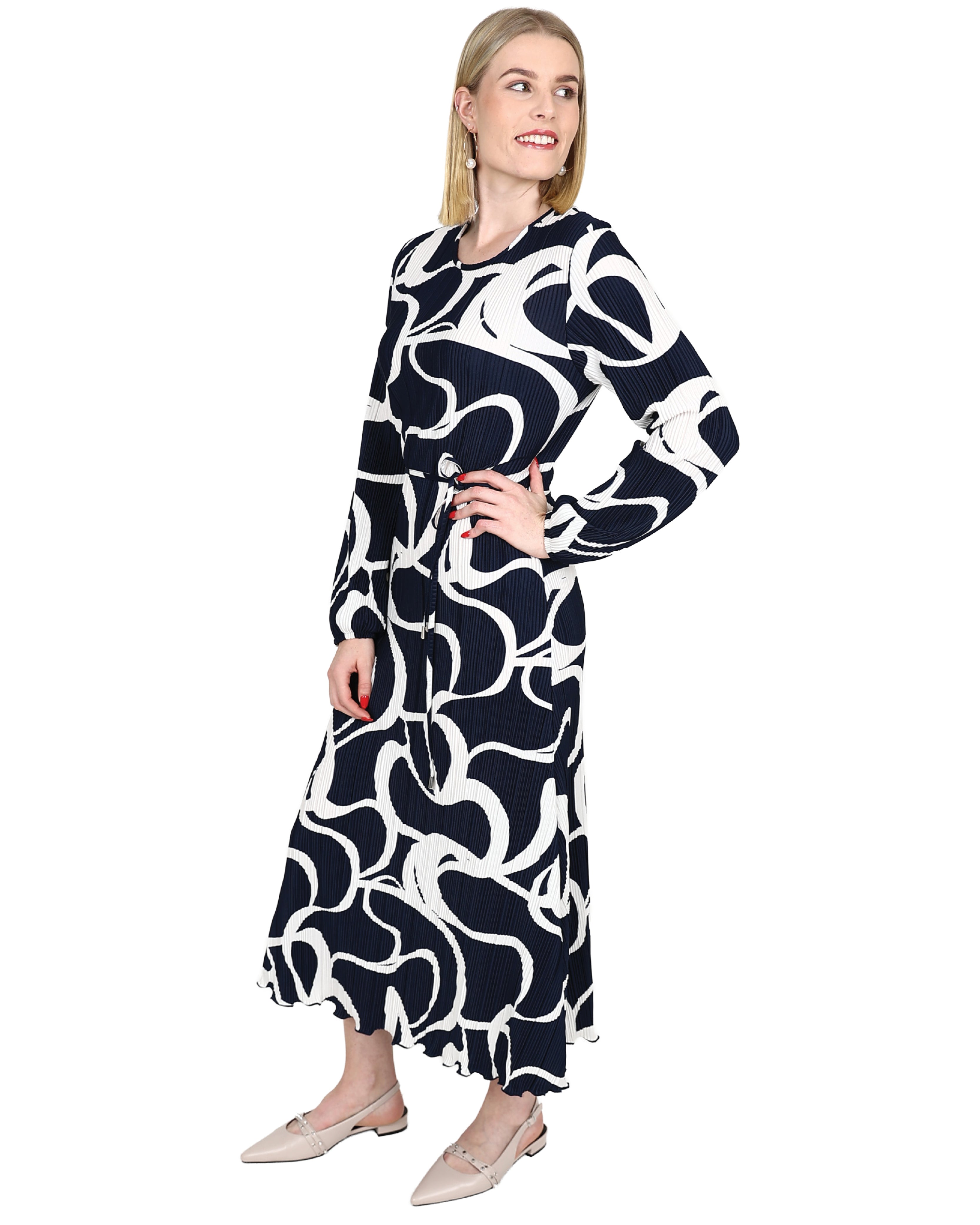Long Sleeve Plissé Swirl Print Midi Dress