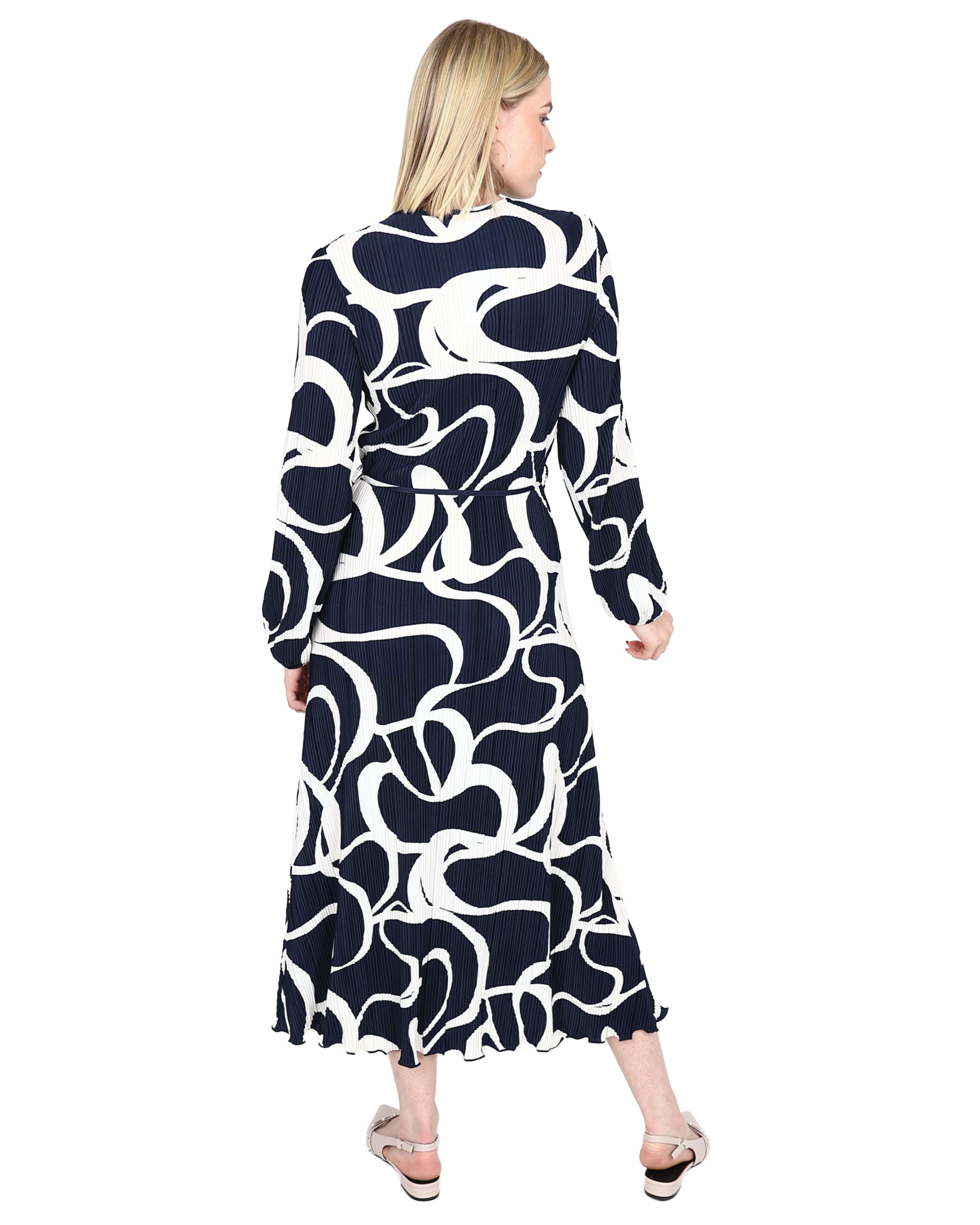 Long Sleeve Plissé Swirl Print Midi Dress