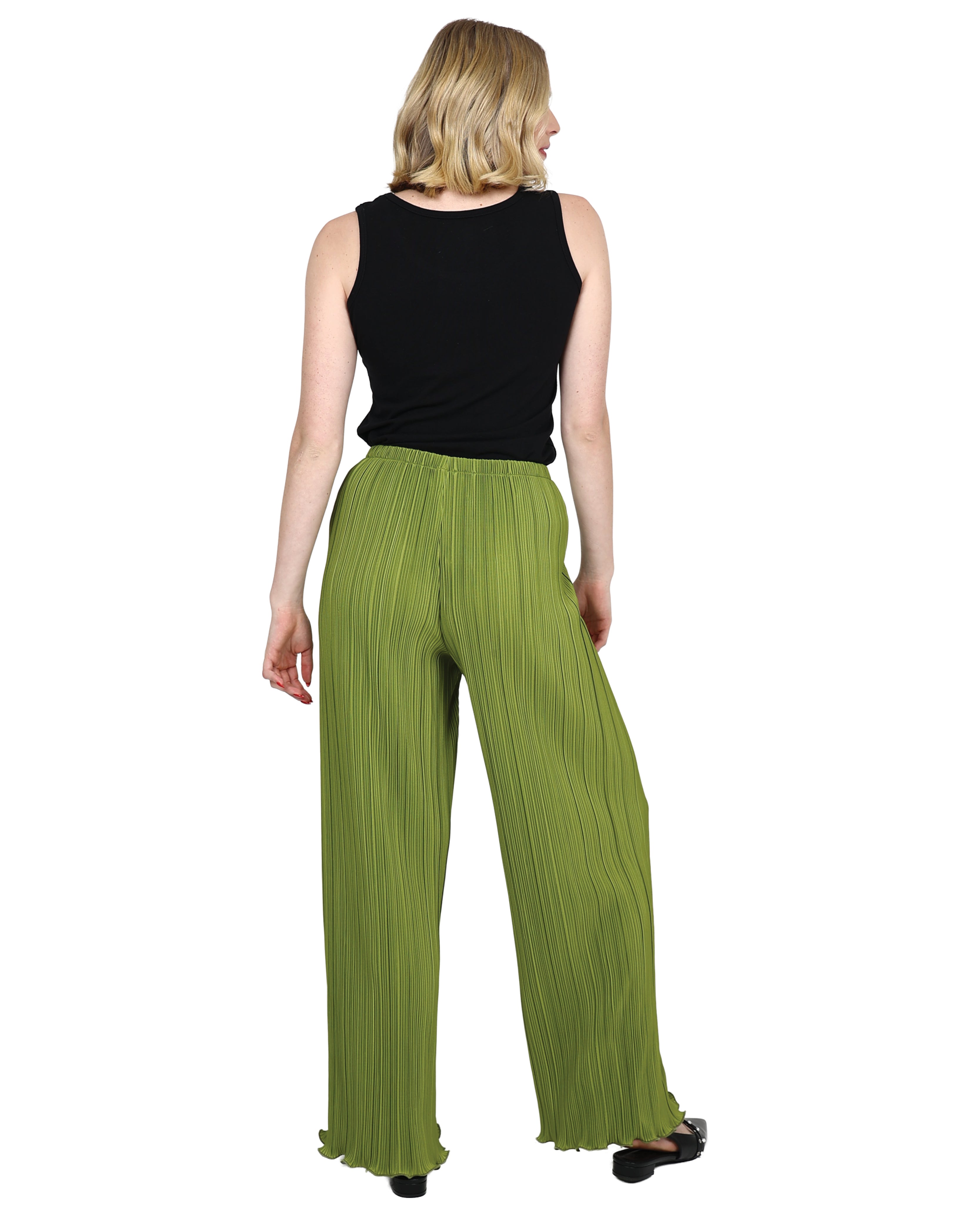 Green Flared Plissé Pants