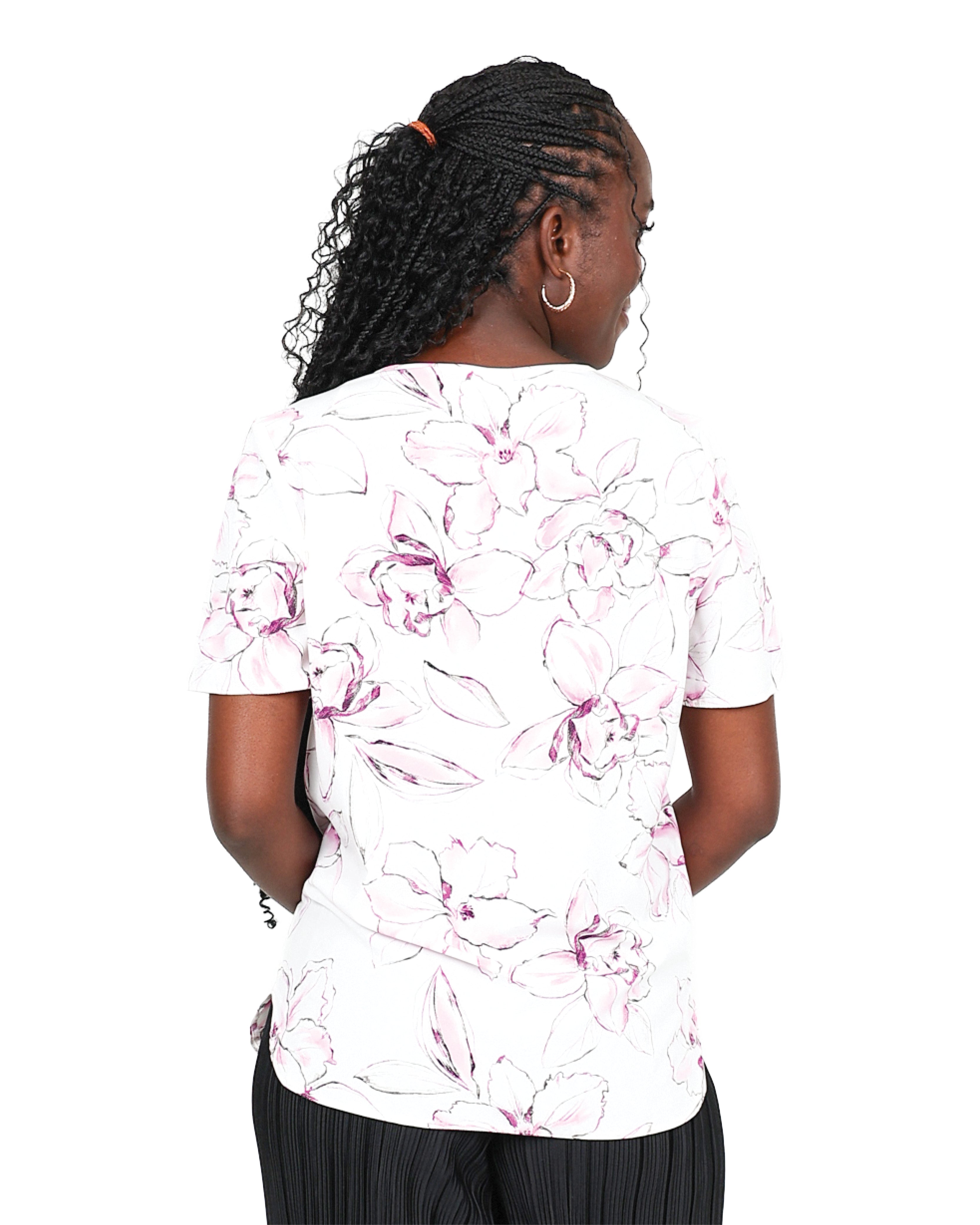 Short Sleeve Floral Print Round Neck Blouse