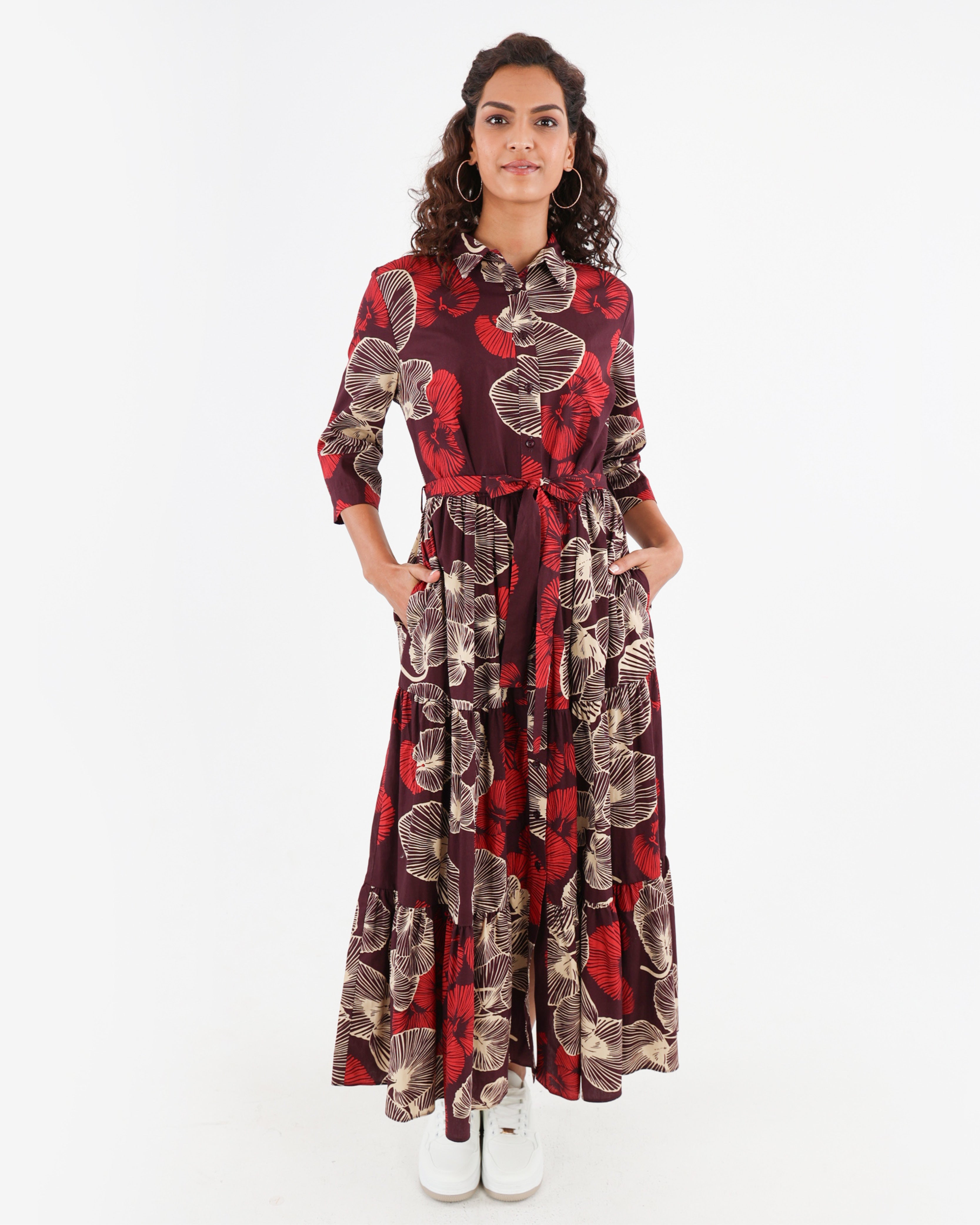 3/4 Sleeve Floral Shirt Maxi Dress