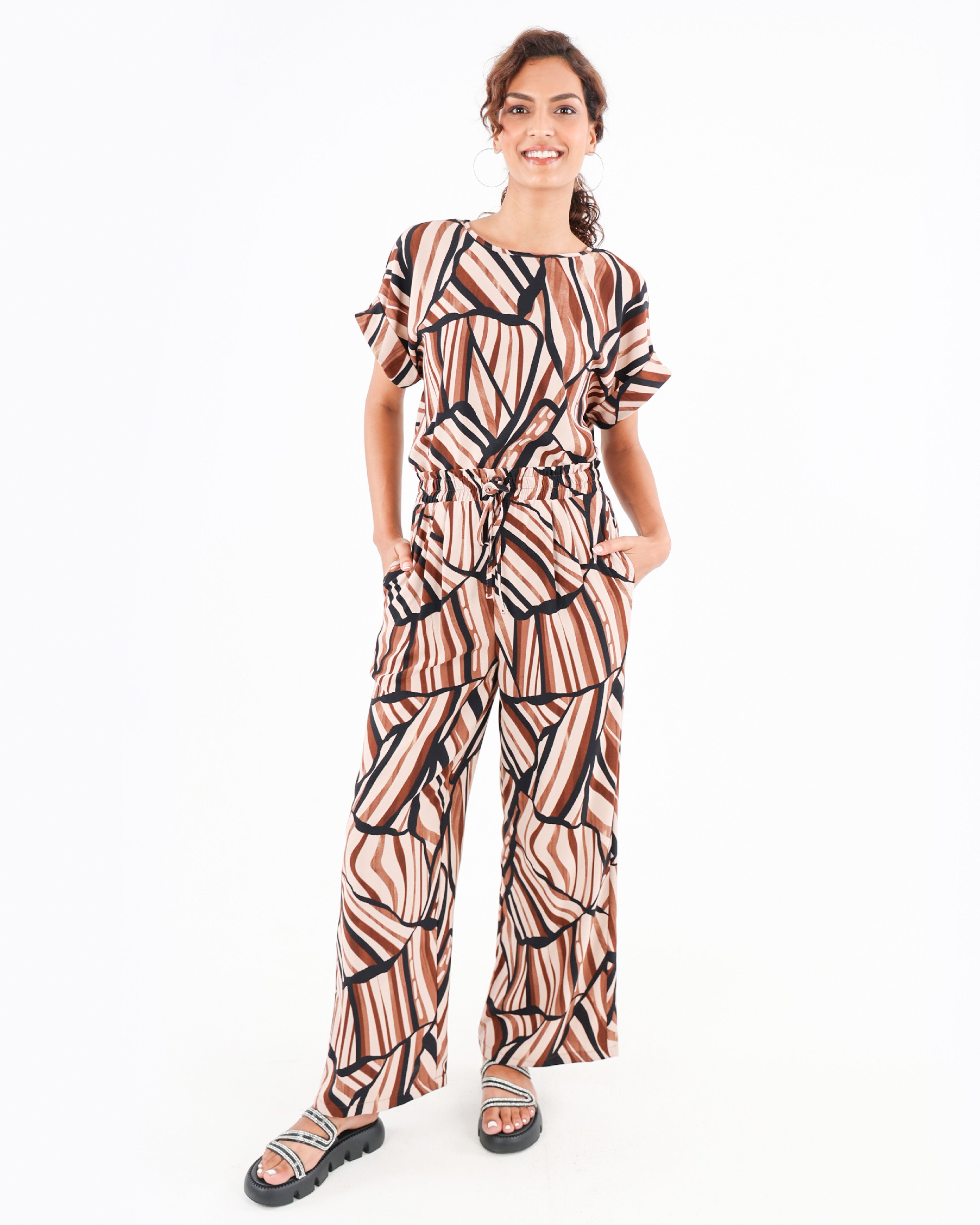 Geometric Print Pull Up Wide Leg Pants