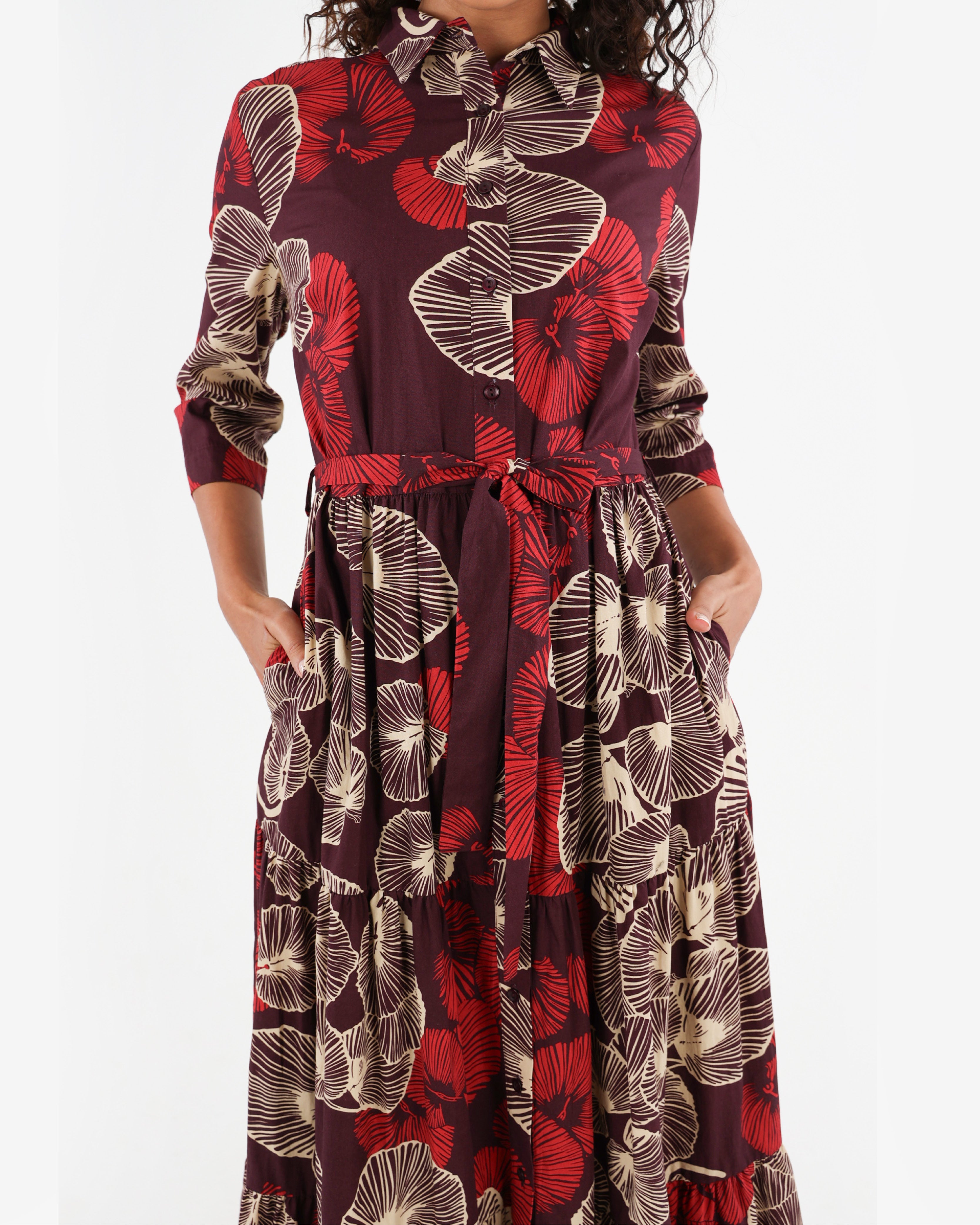 3/4 Sleeve Floral Shirt Maxi Dress