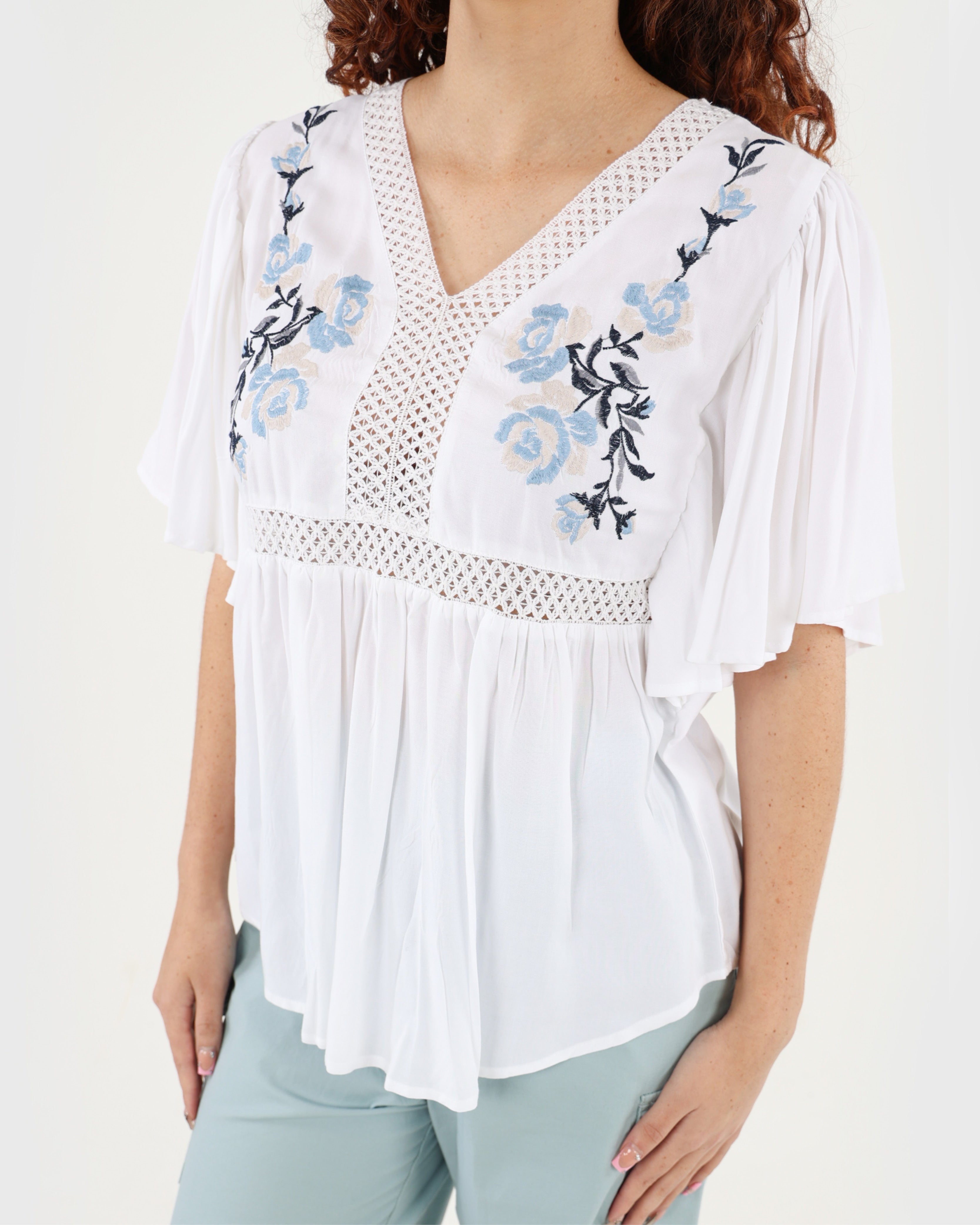 Embroidered Batwing Blouse