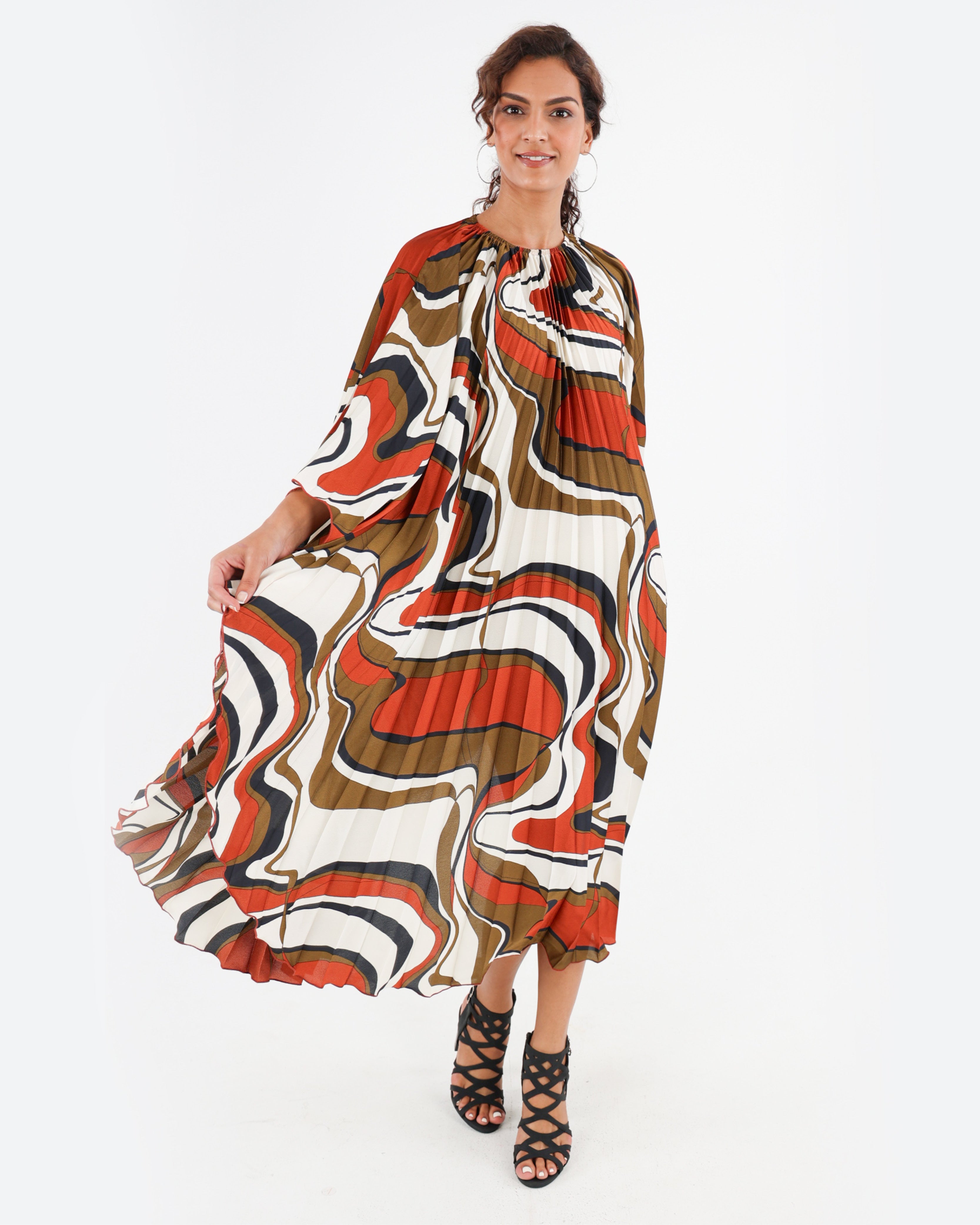 Abstract Print Pleated Kaftan Dress