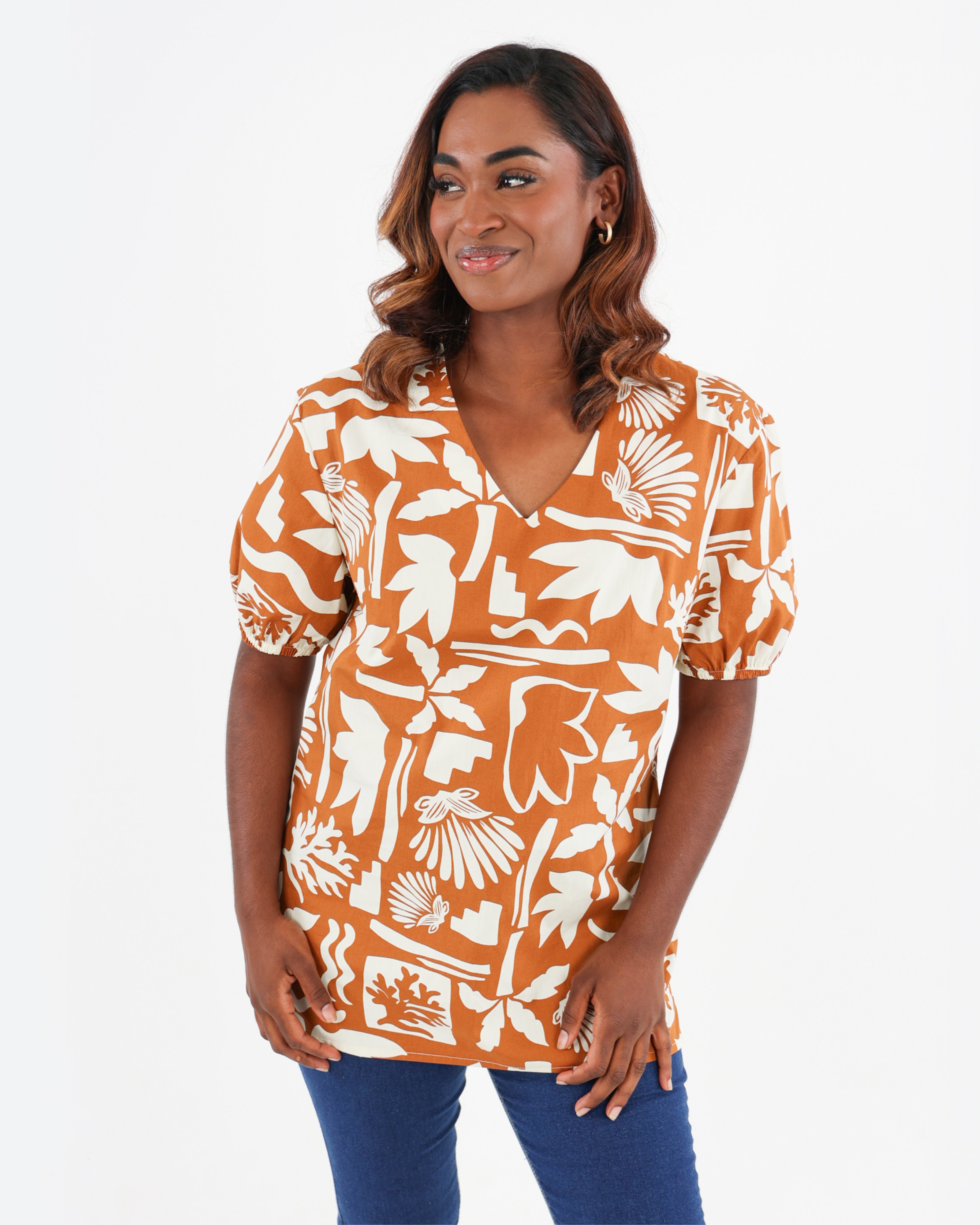 Rust Short Puff Sleeve Floral Printed Cotton Blouse