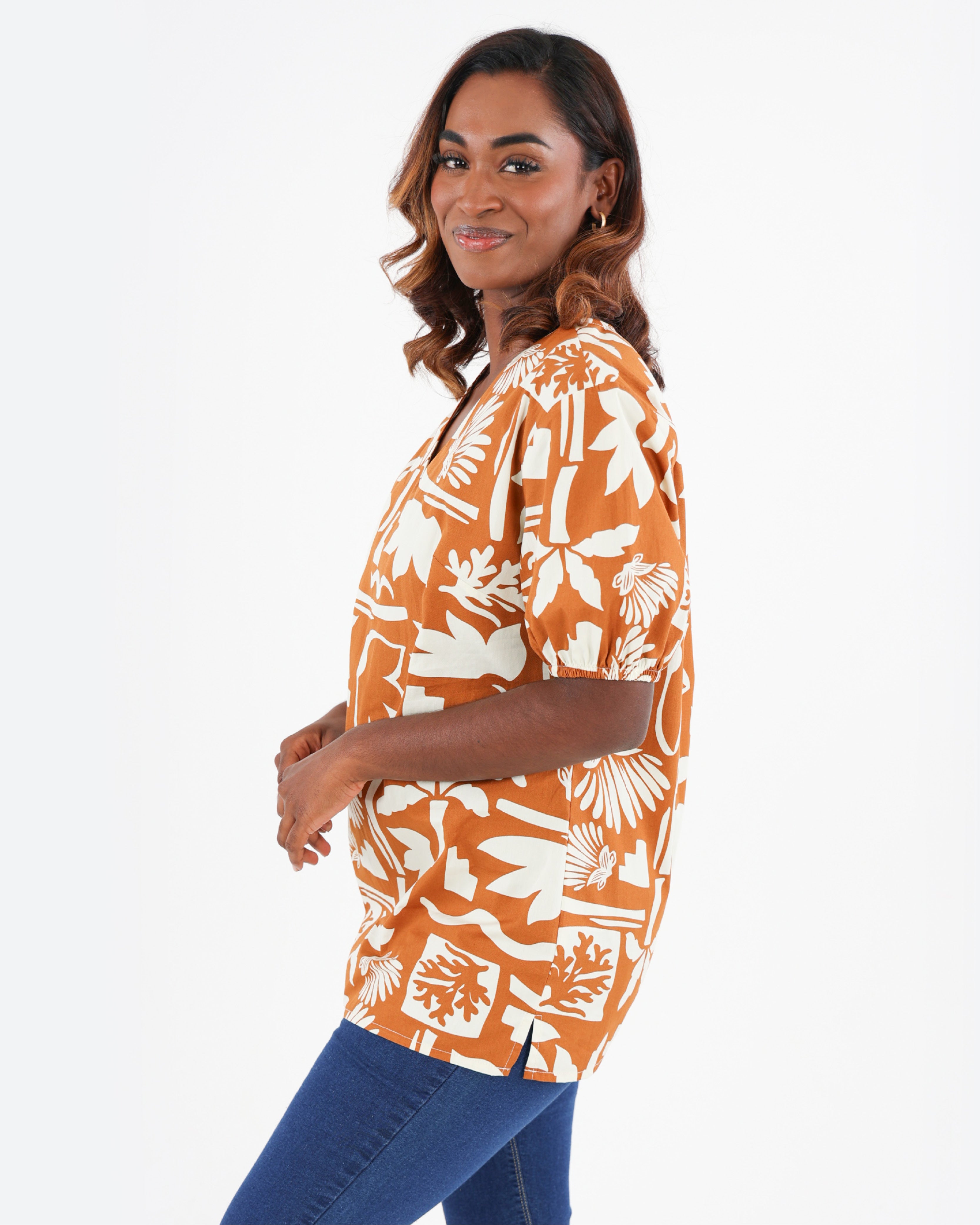 Rust Short Puff Sleeve Floral Printed Cotton Blouse