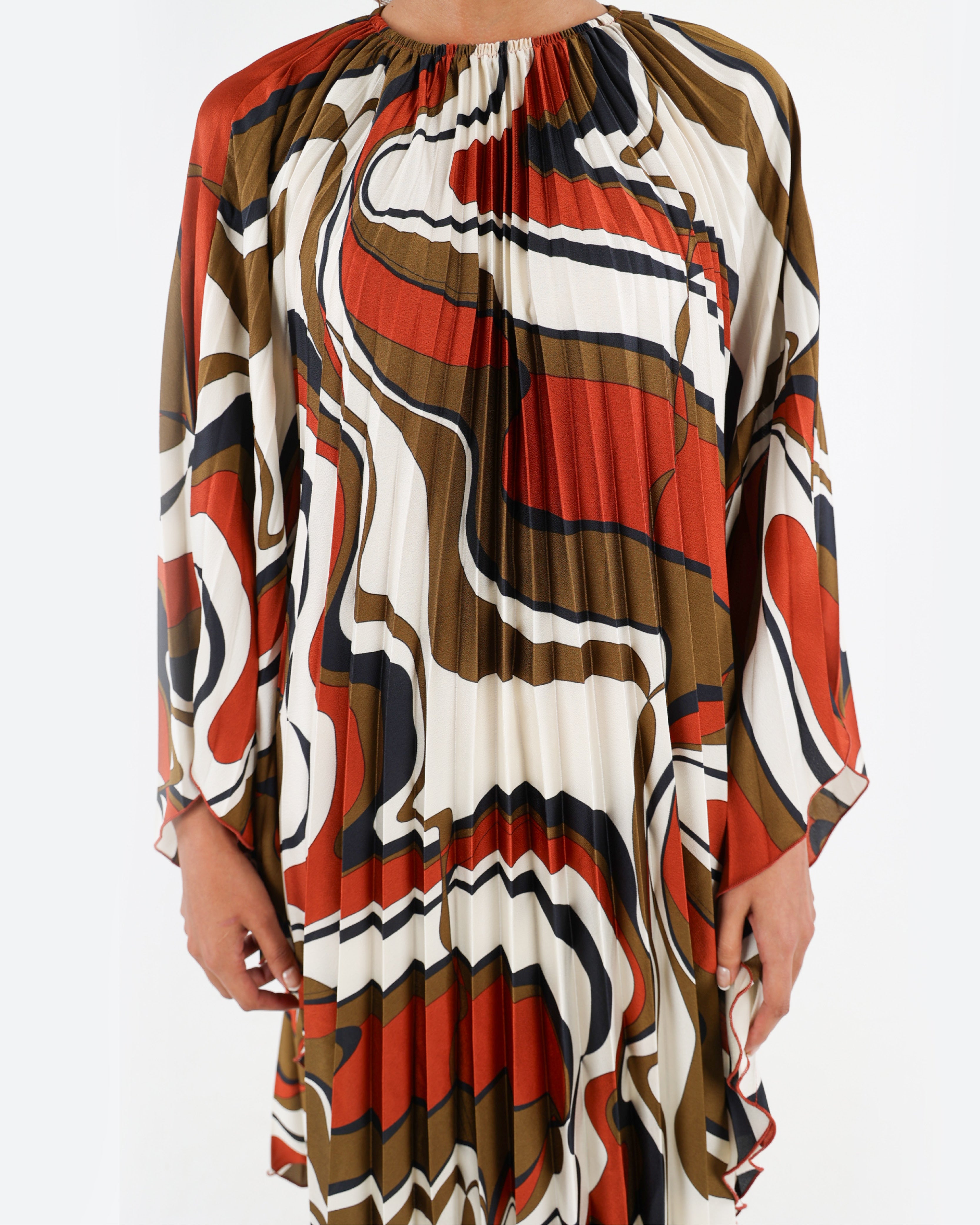 Abstract Print Pleated Kaftan Dress