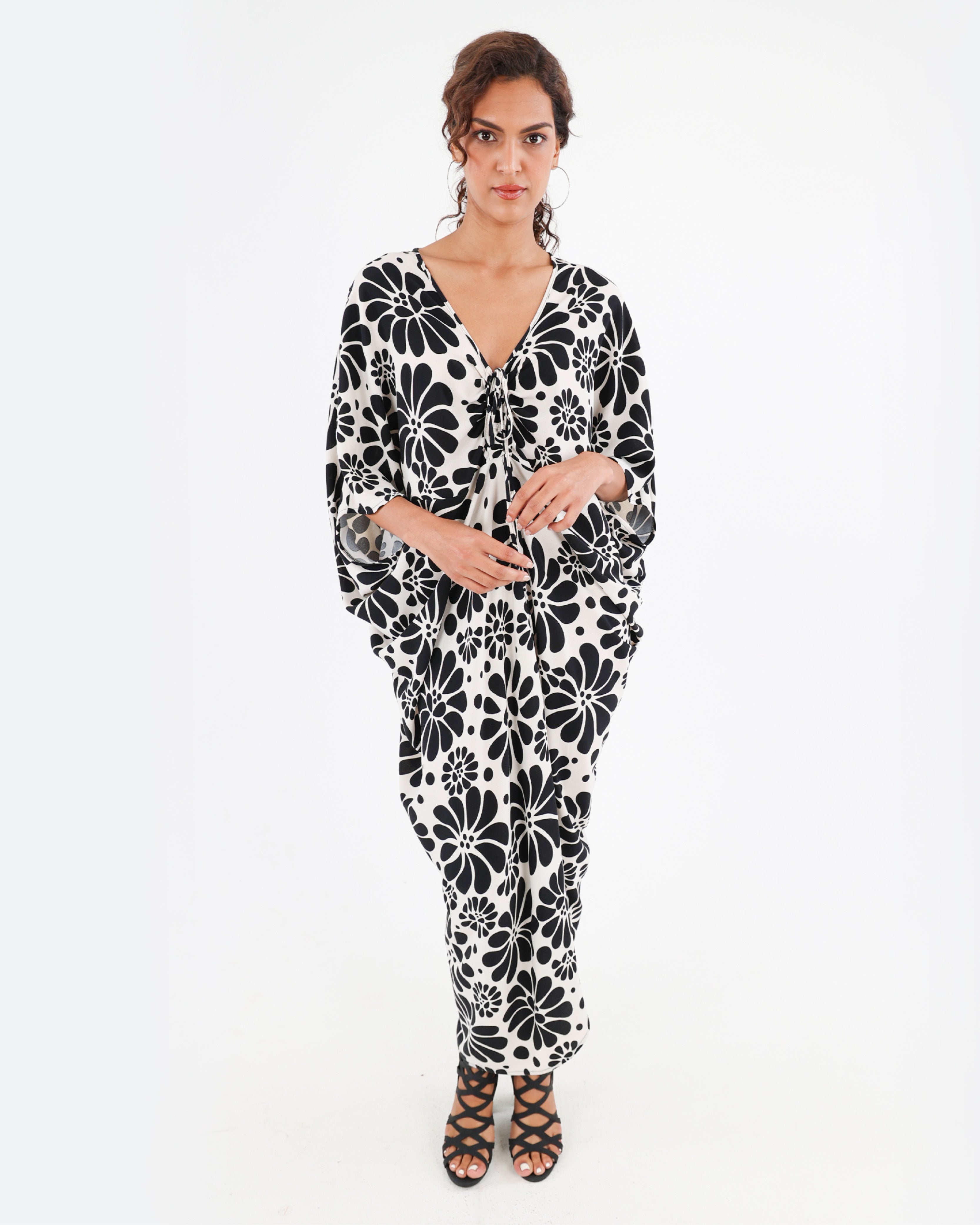 Monochrome Floral Print kaftan Dress