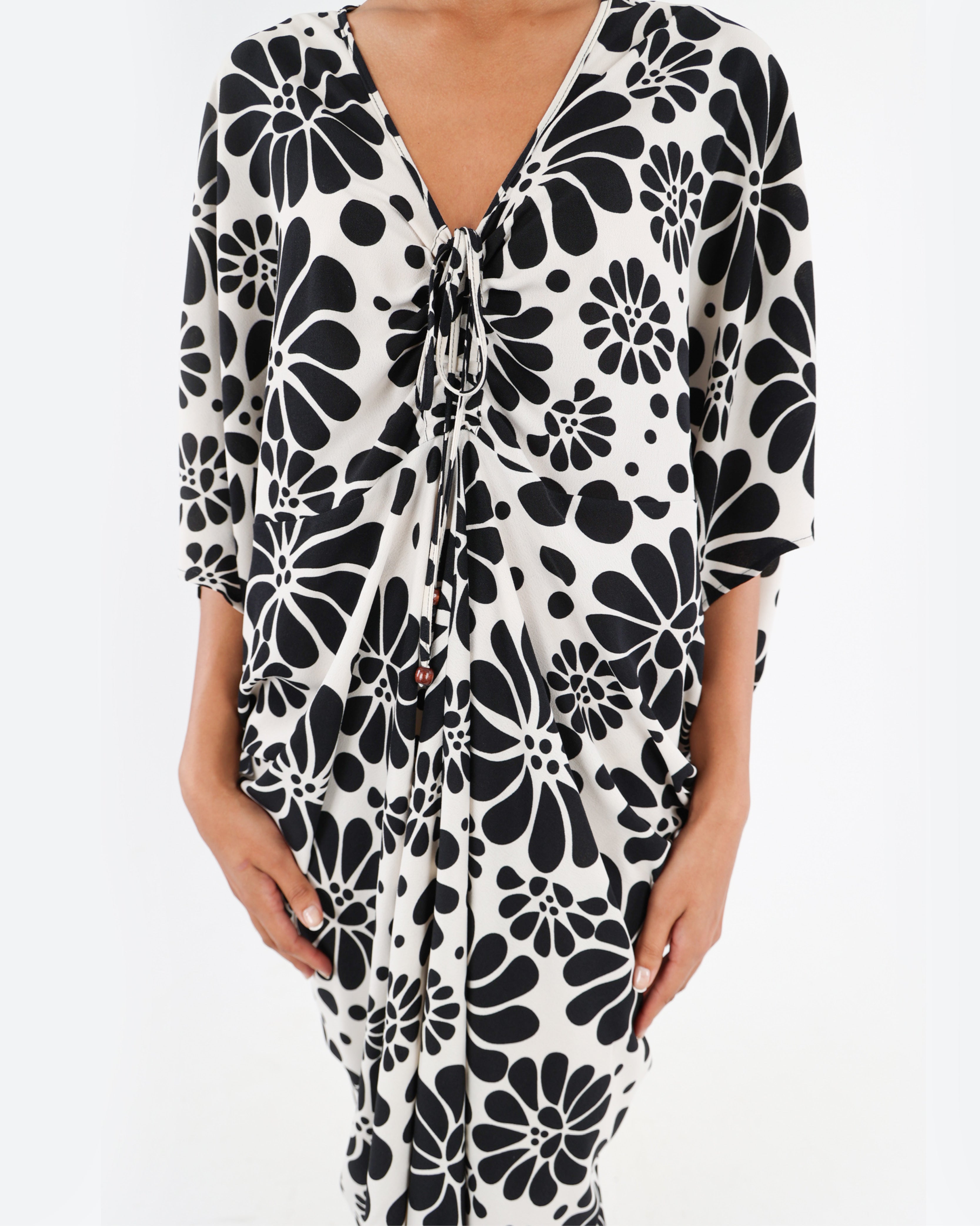 Monochrome Floral Print kaftan Dress
