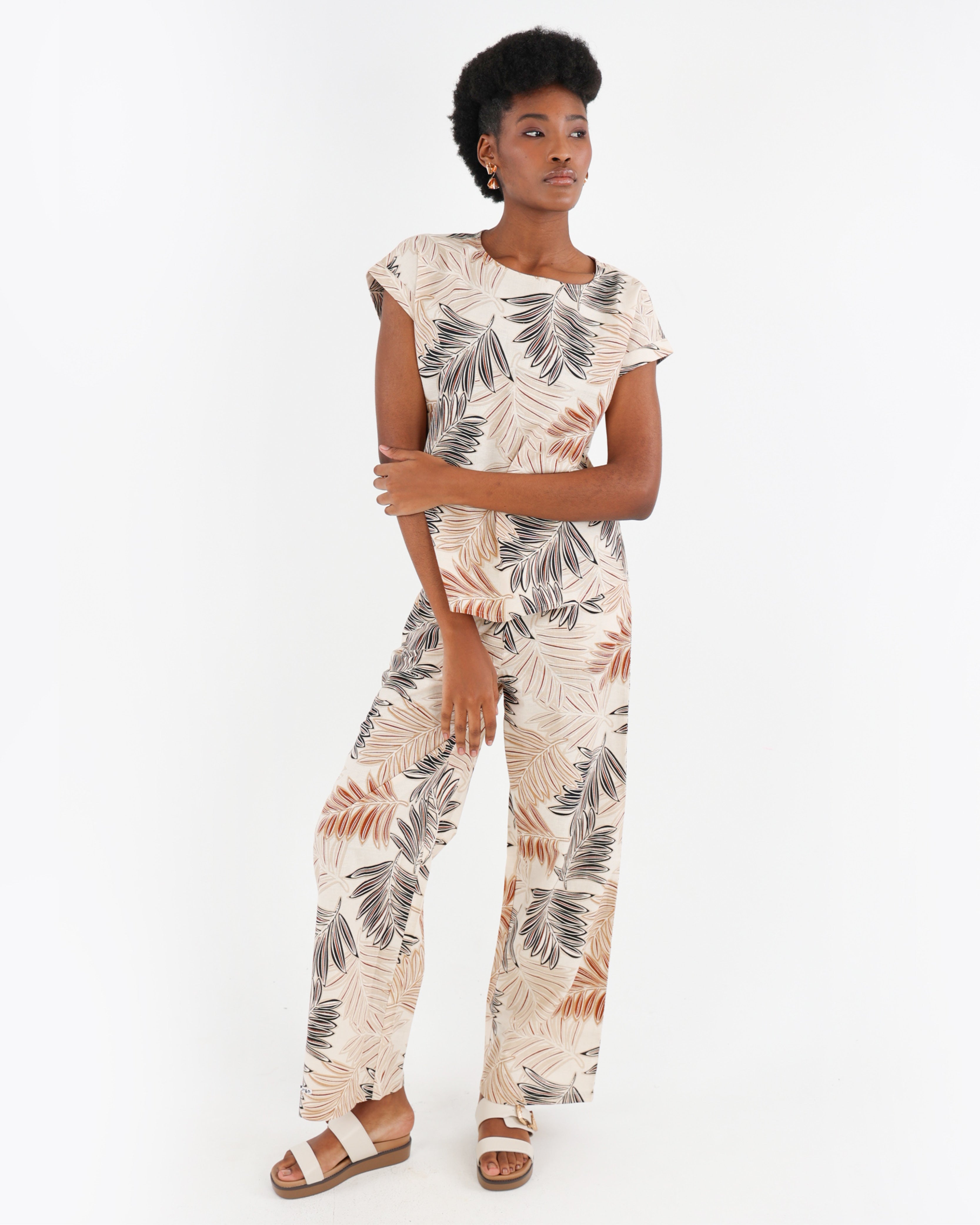 Wide Leg Cotton Linen Leaf Print Pull Up Pants