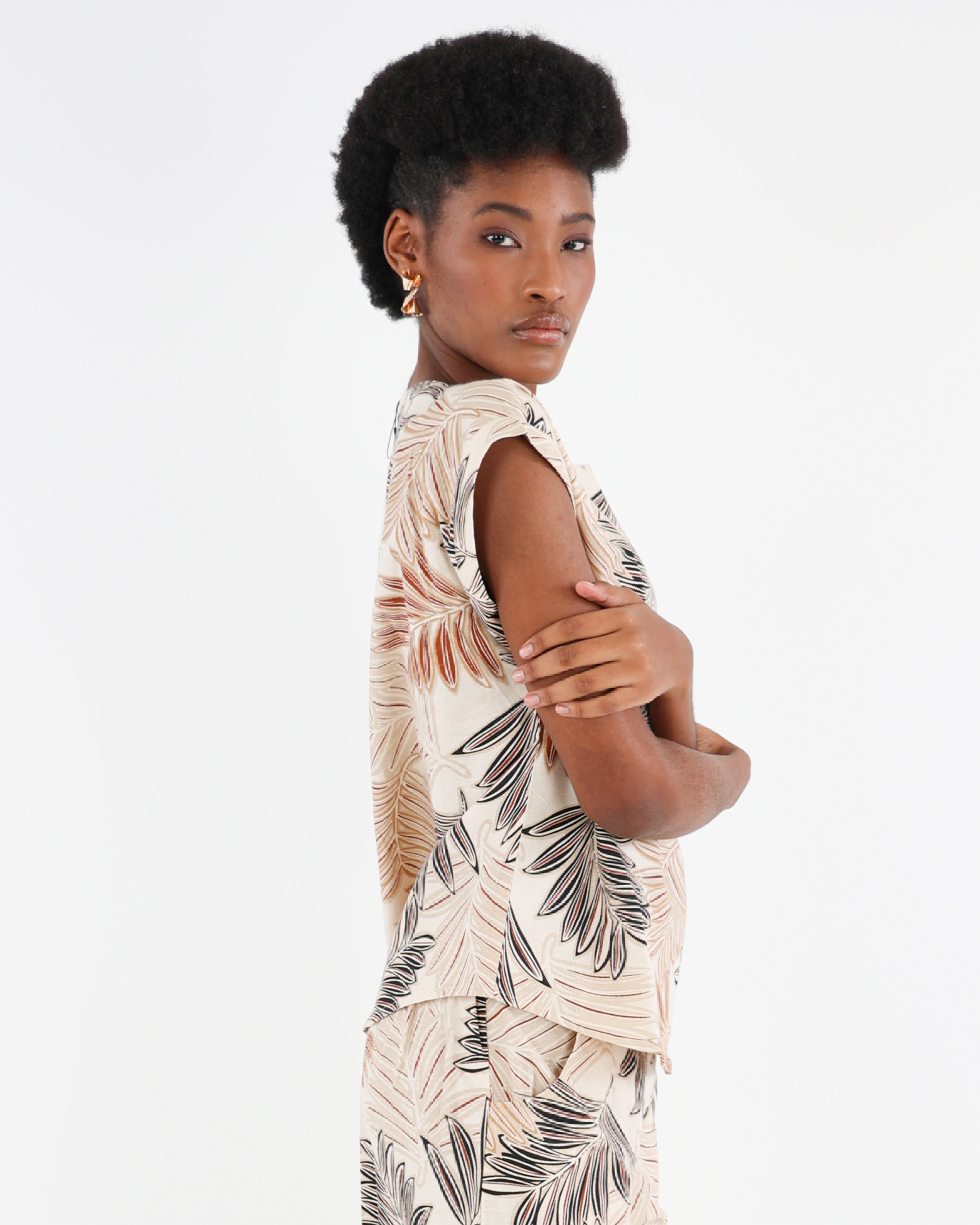 Short Sleeve Leaf Print Cotton Linen Blouse