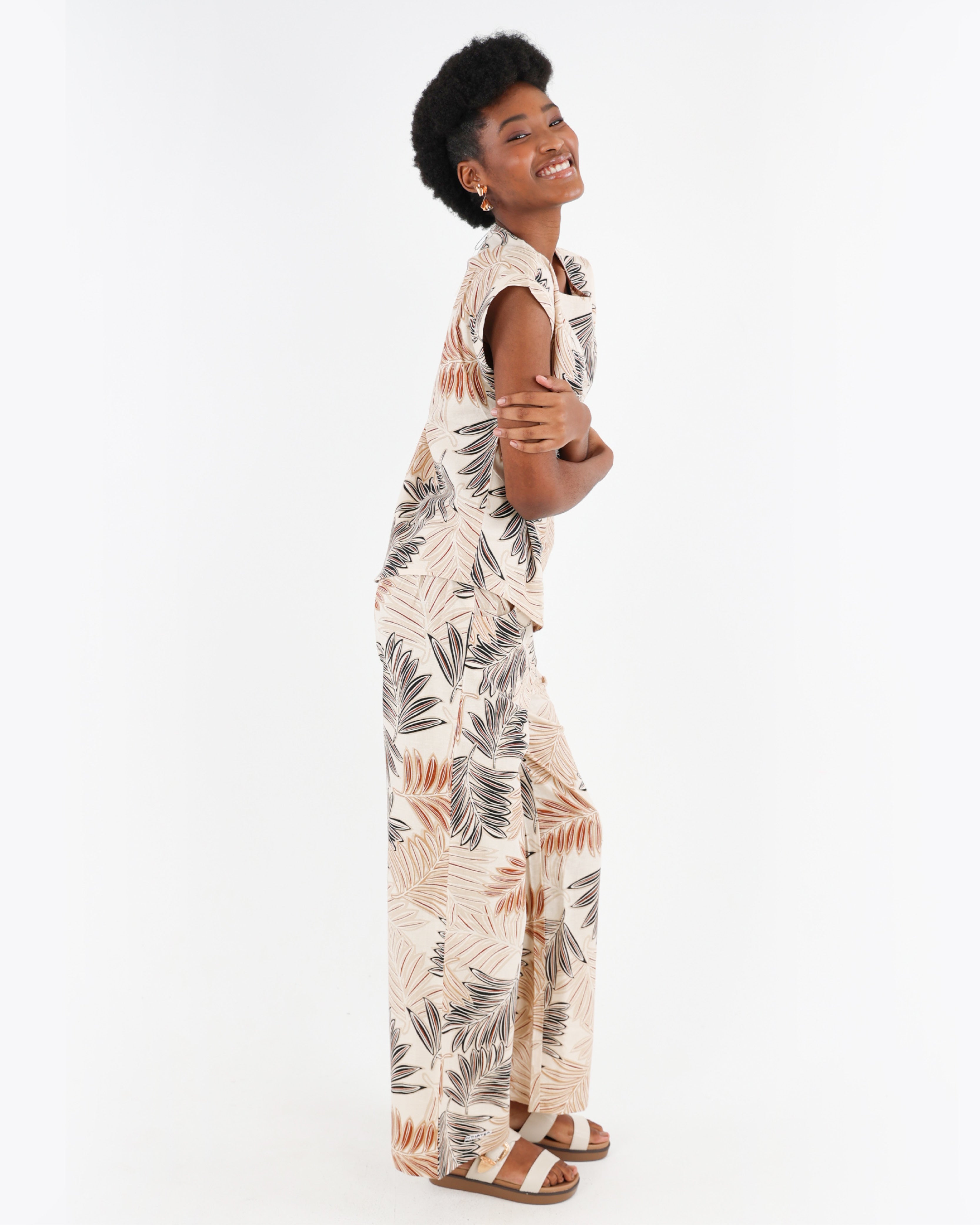 Wide Leg Cotton Linen Leaf Print Pull Up Pants