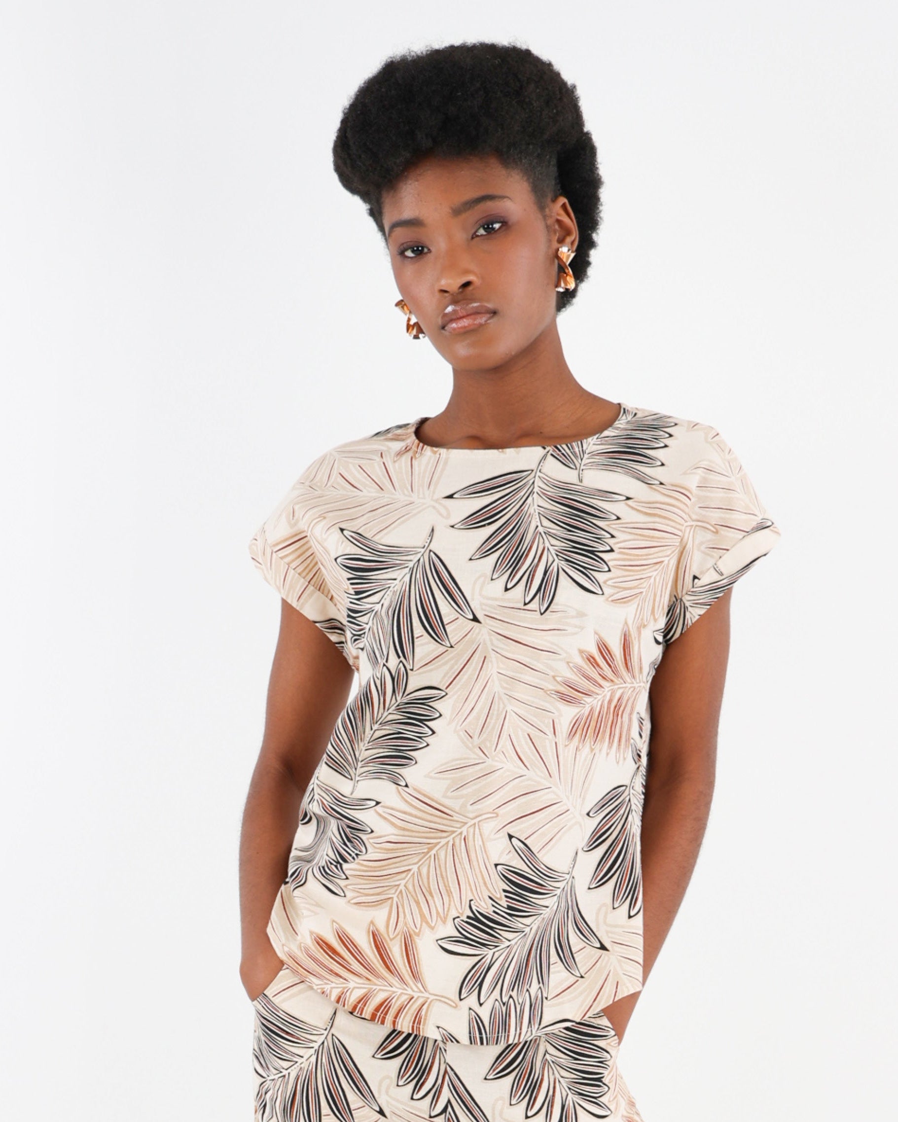 Short Sleeve Leaf Print Cotton Linen Blouse