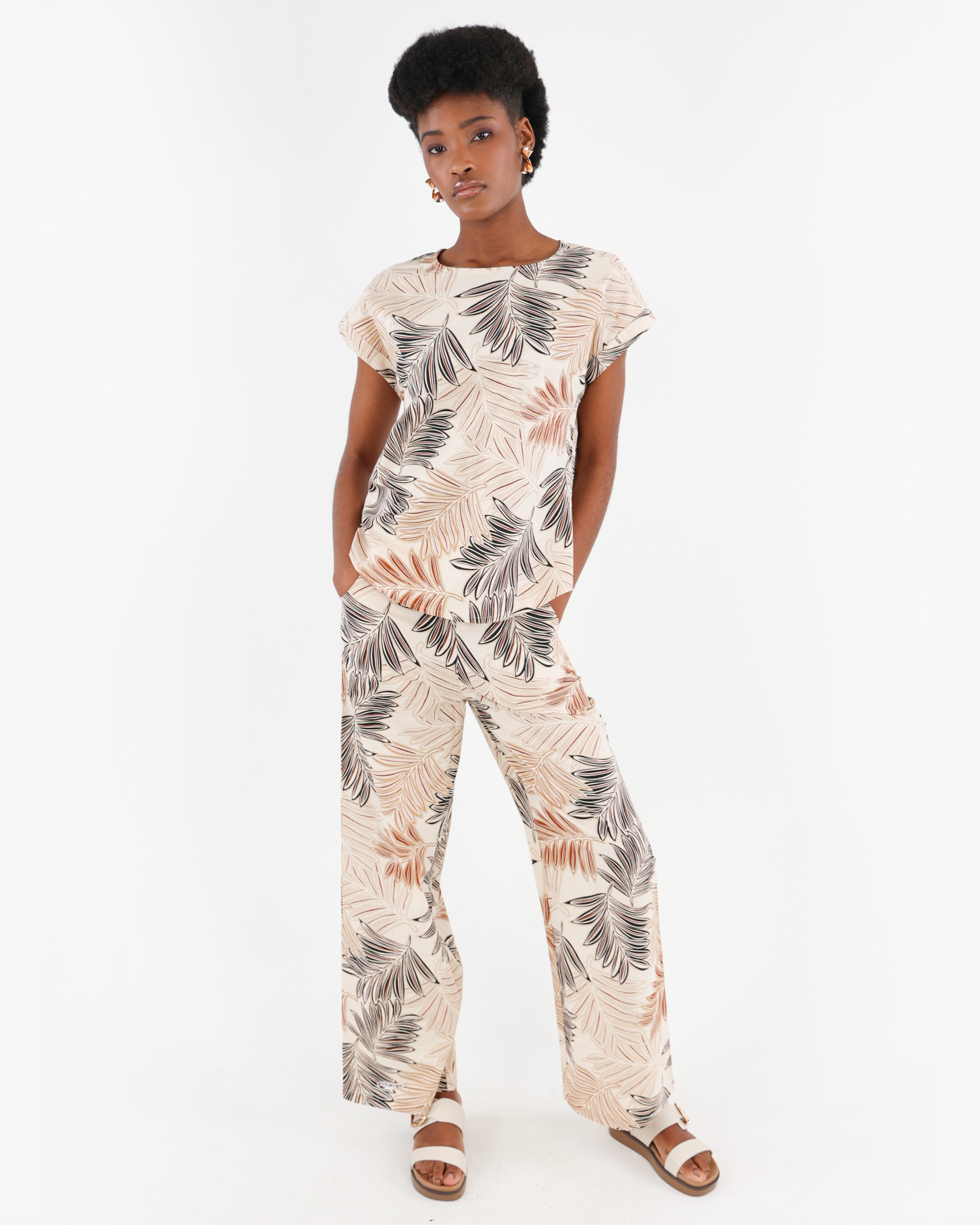 Short Sleeve Leaf Print Cotton Linen Blouse