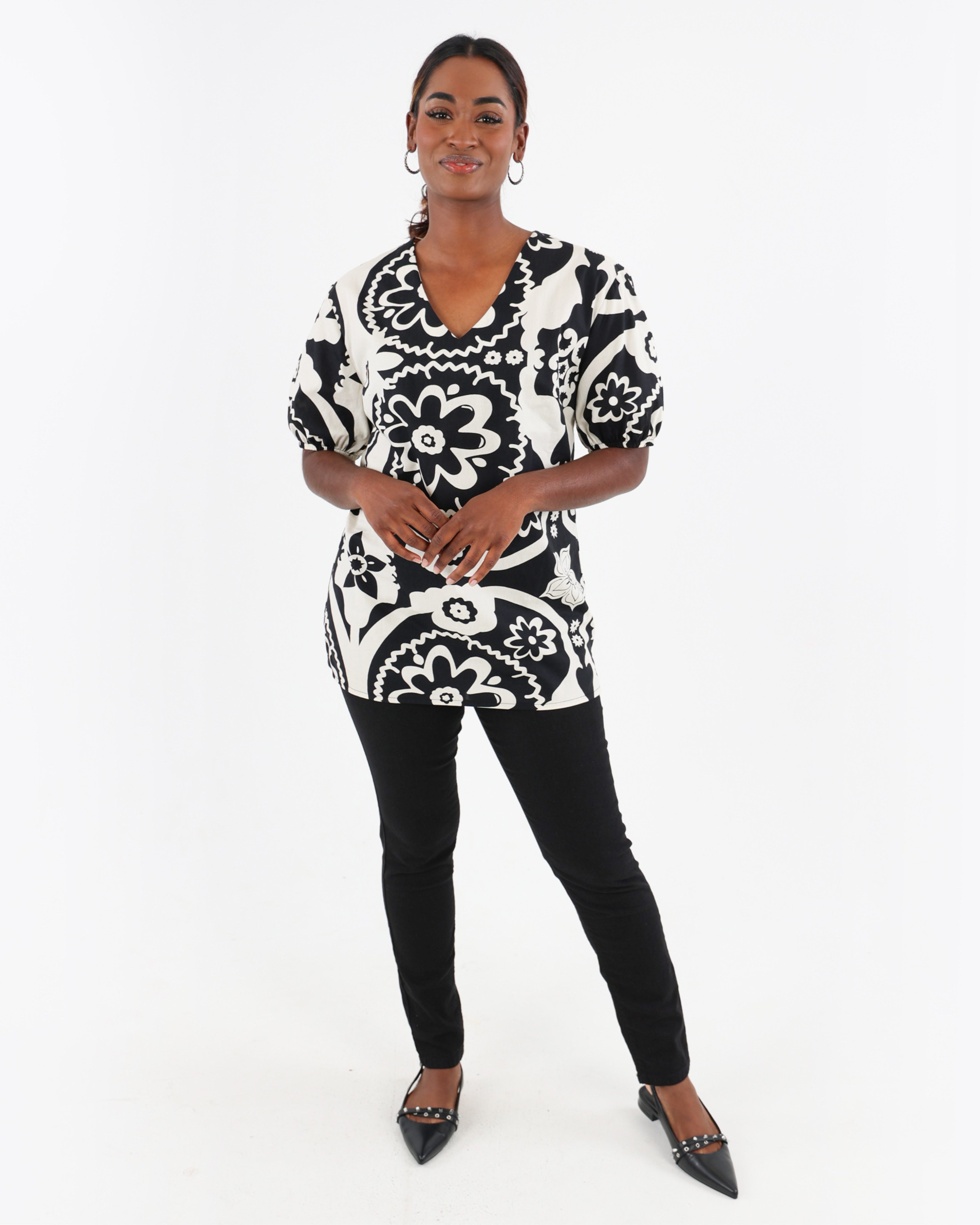 Monochrome Short Puff Sleeve Floral Printed Cotton Blouse