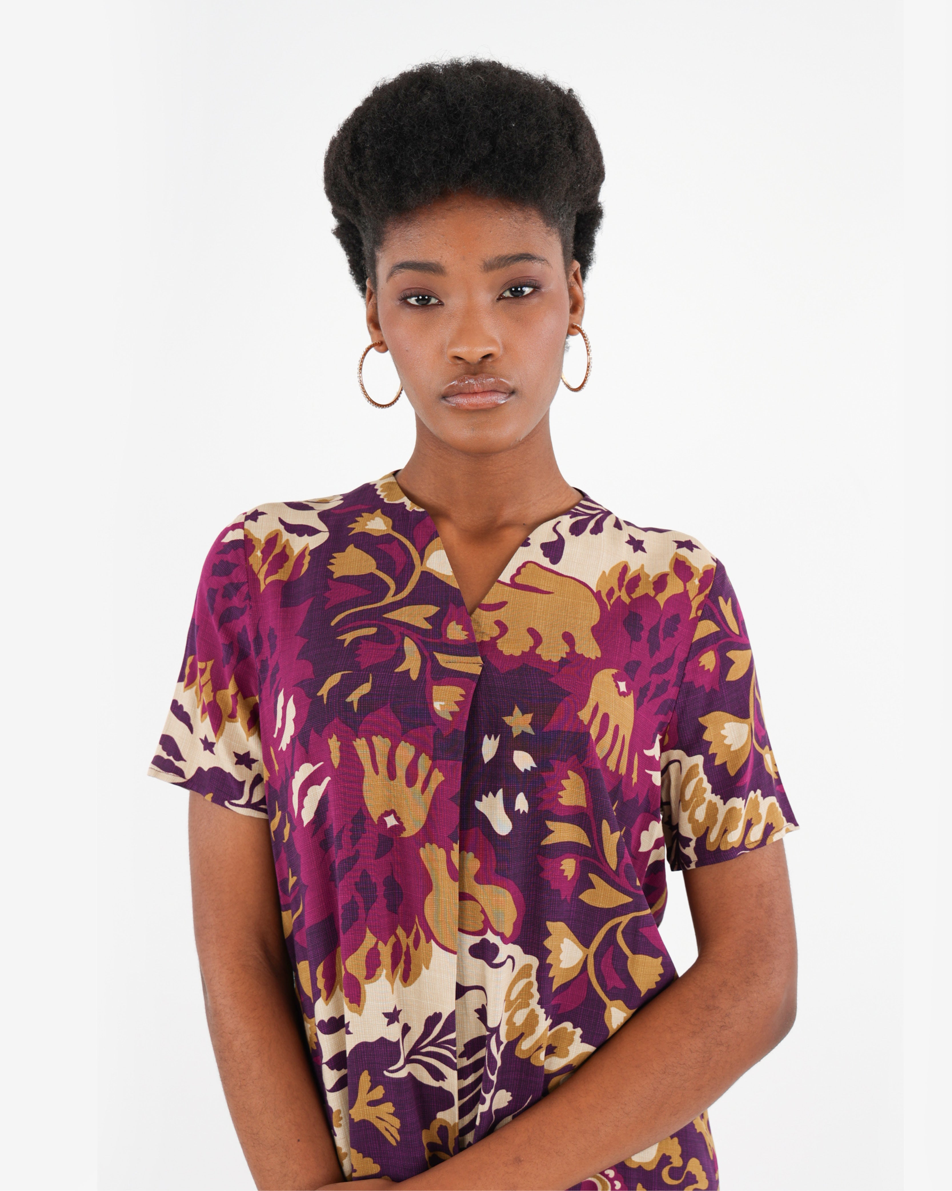 Short Sleeve Bold Floral Print Shift Dress