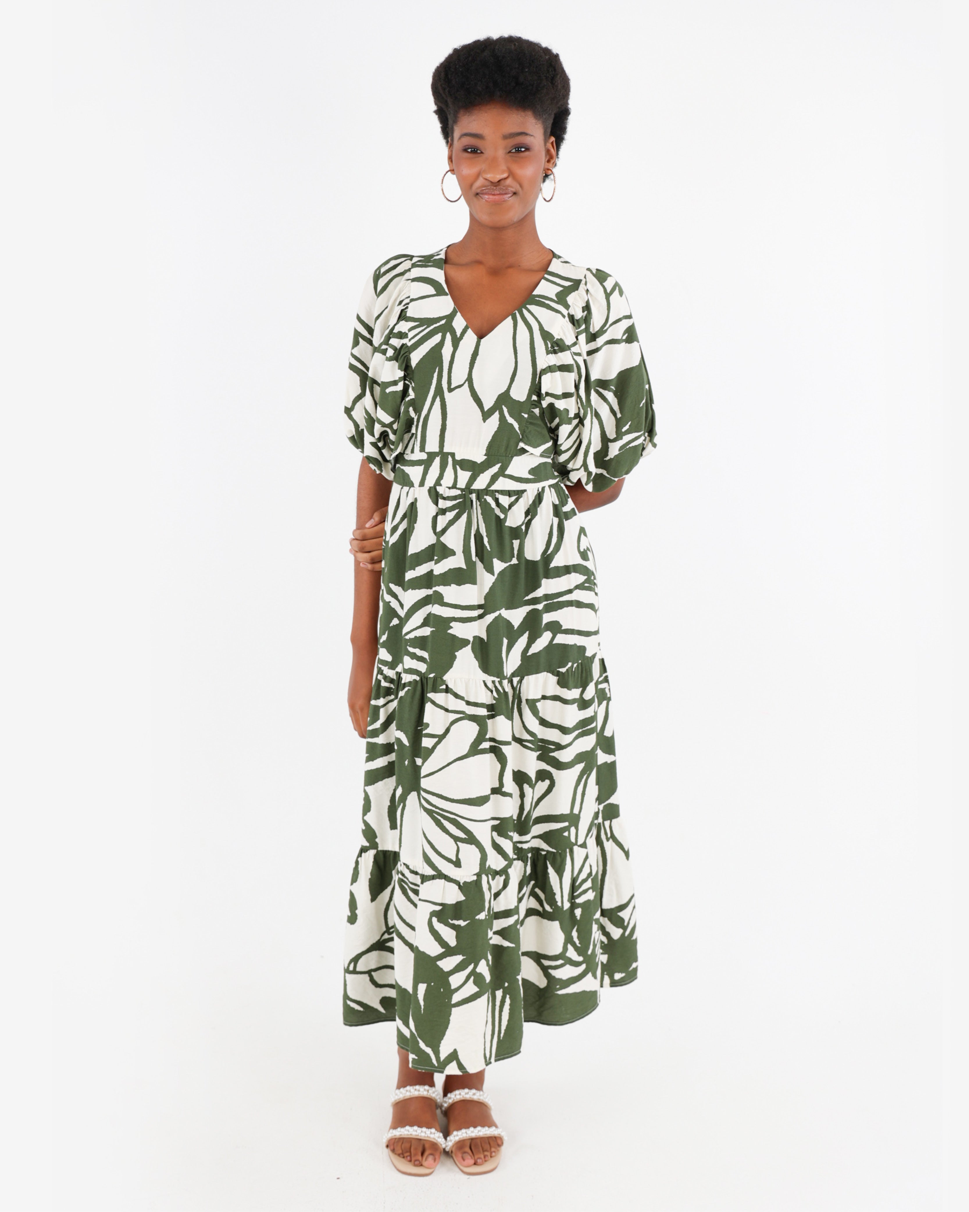 Volume Sleeve Printed Tiered Maxi Dress