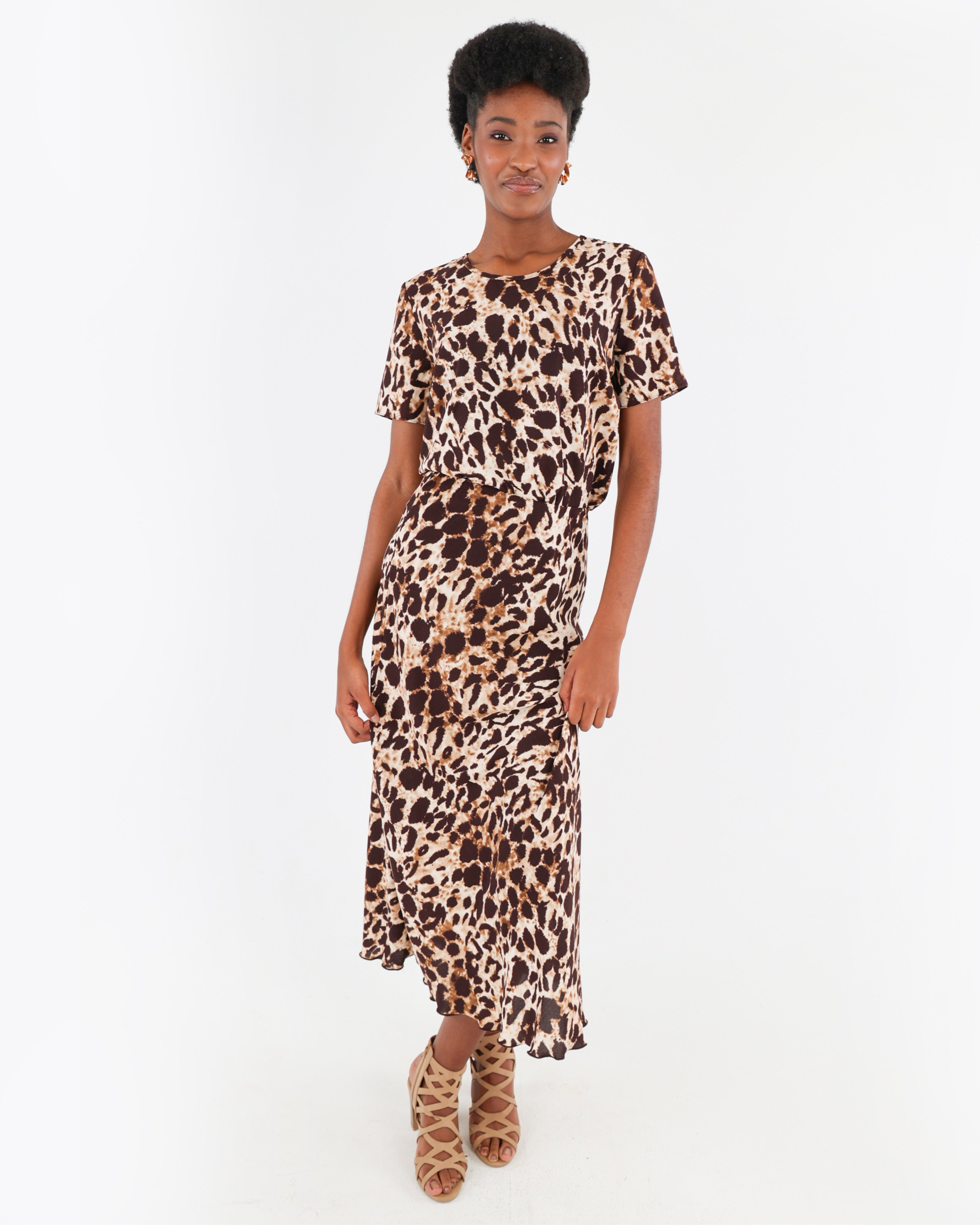 Bias Cut Leopard Print Midi Skirt