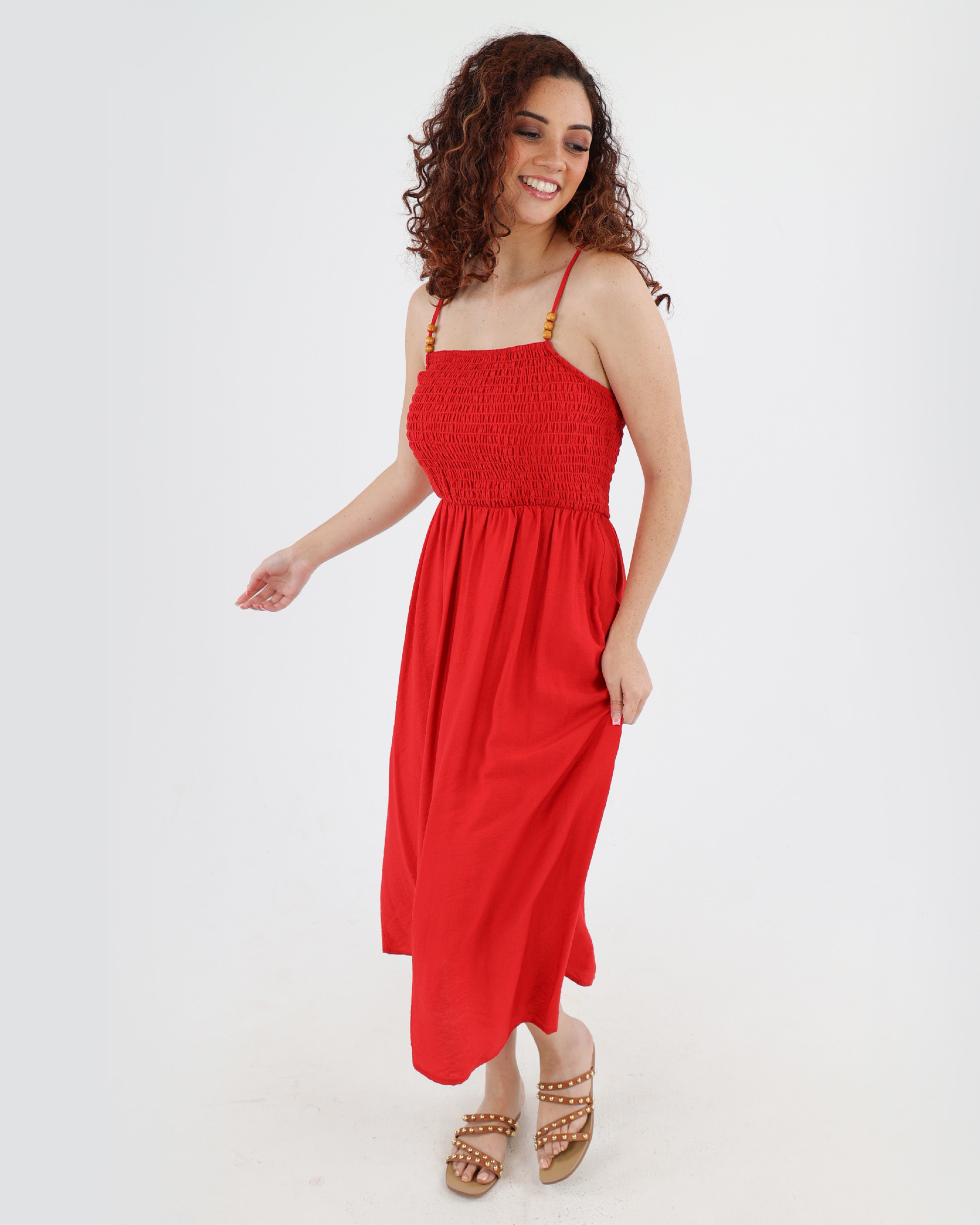 Strappy Shirred Bodice Midi Dress