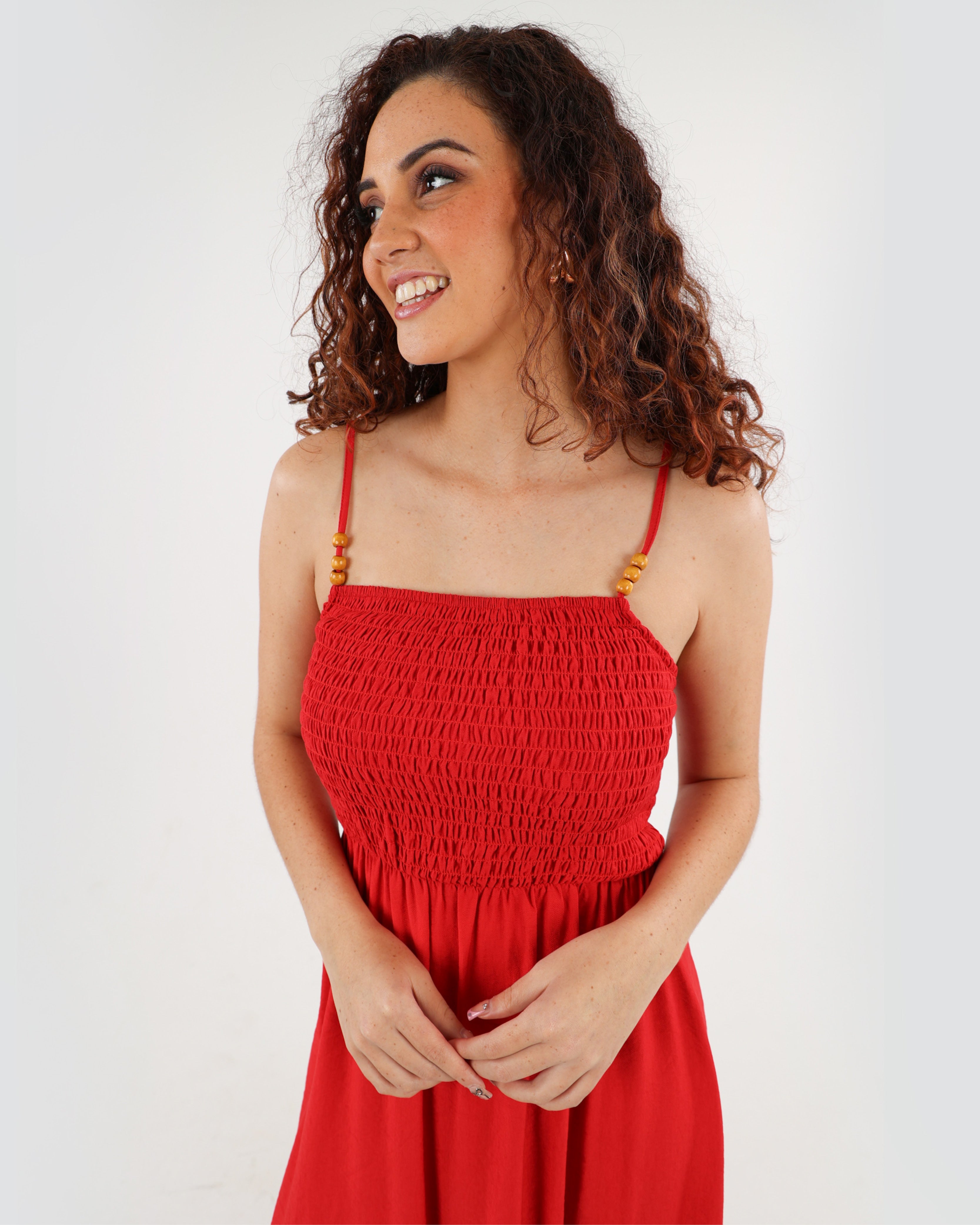Strappy Shirred Bodice Midi Dress