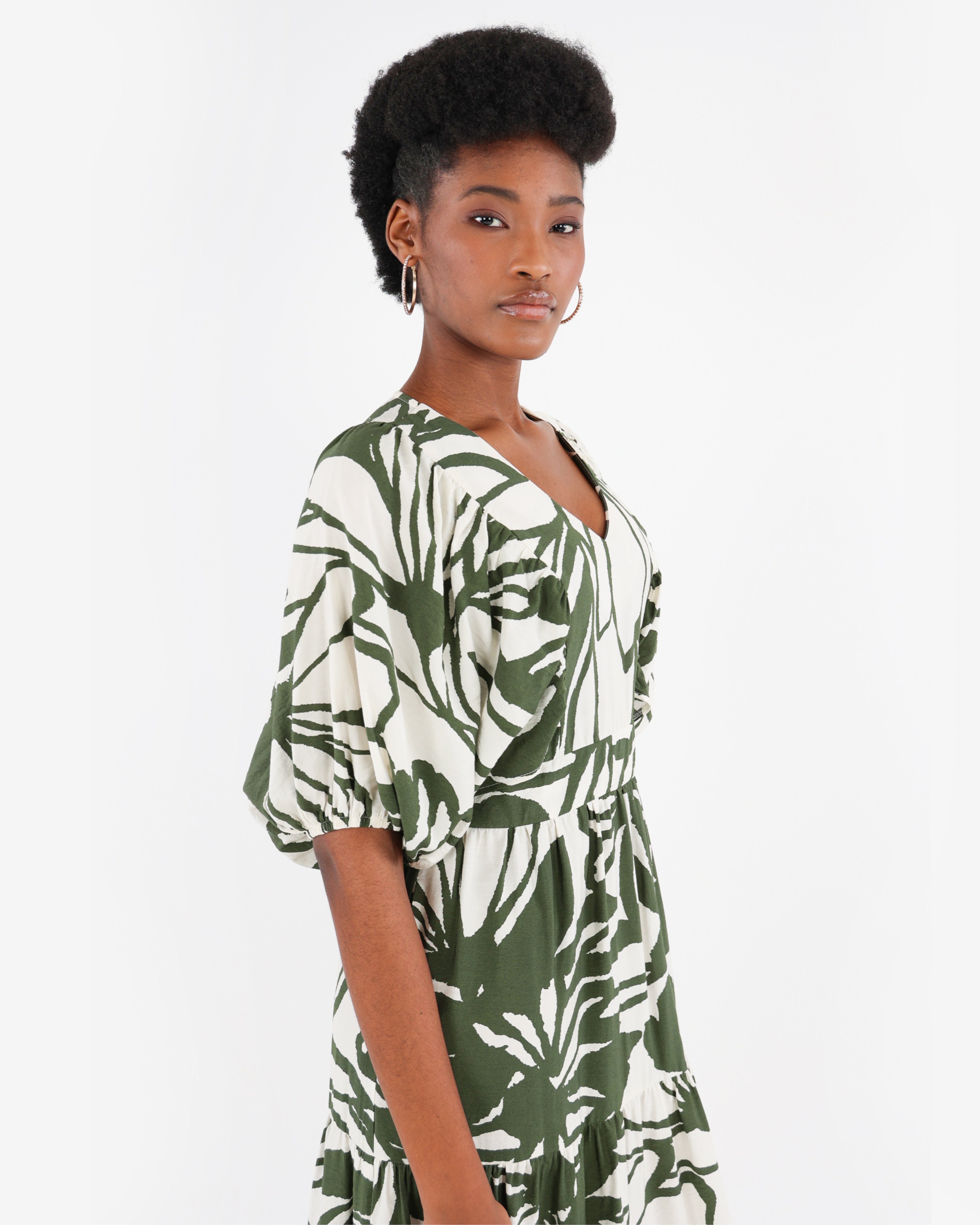 Volume Sleeve Printed Tiered Maxi Dress