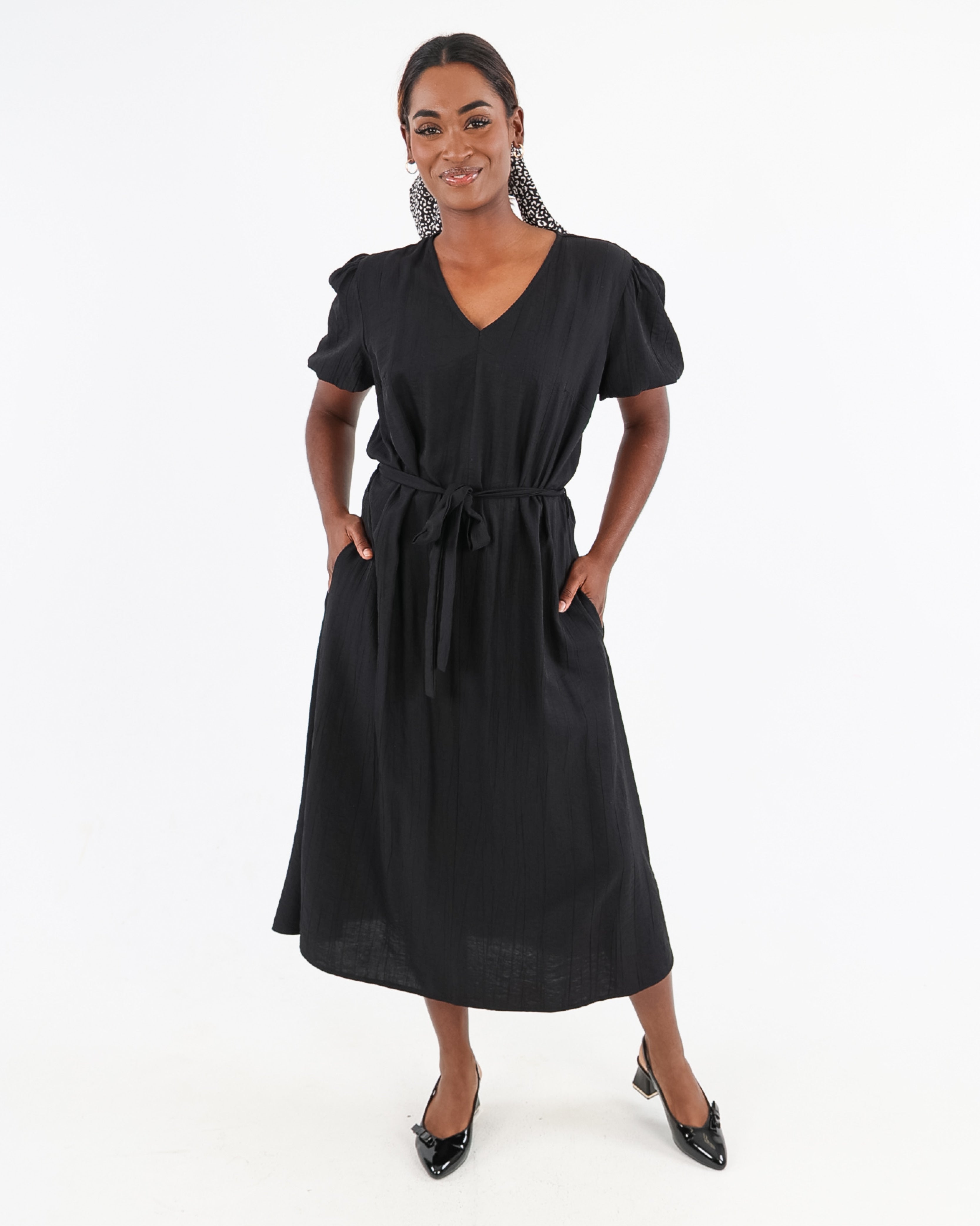 Black Short Puff Sleeve Midi Dress with Belt