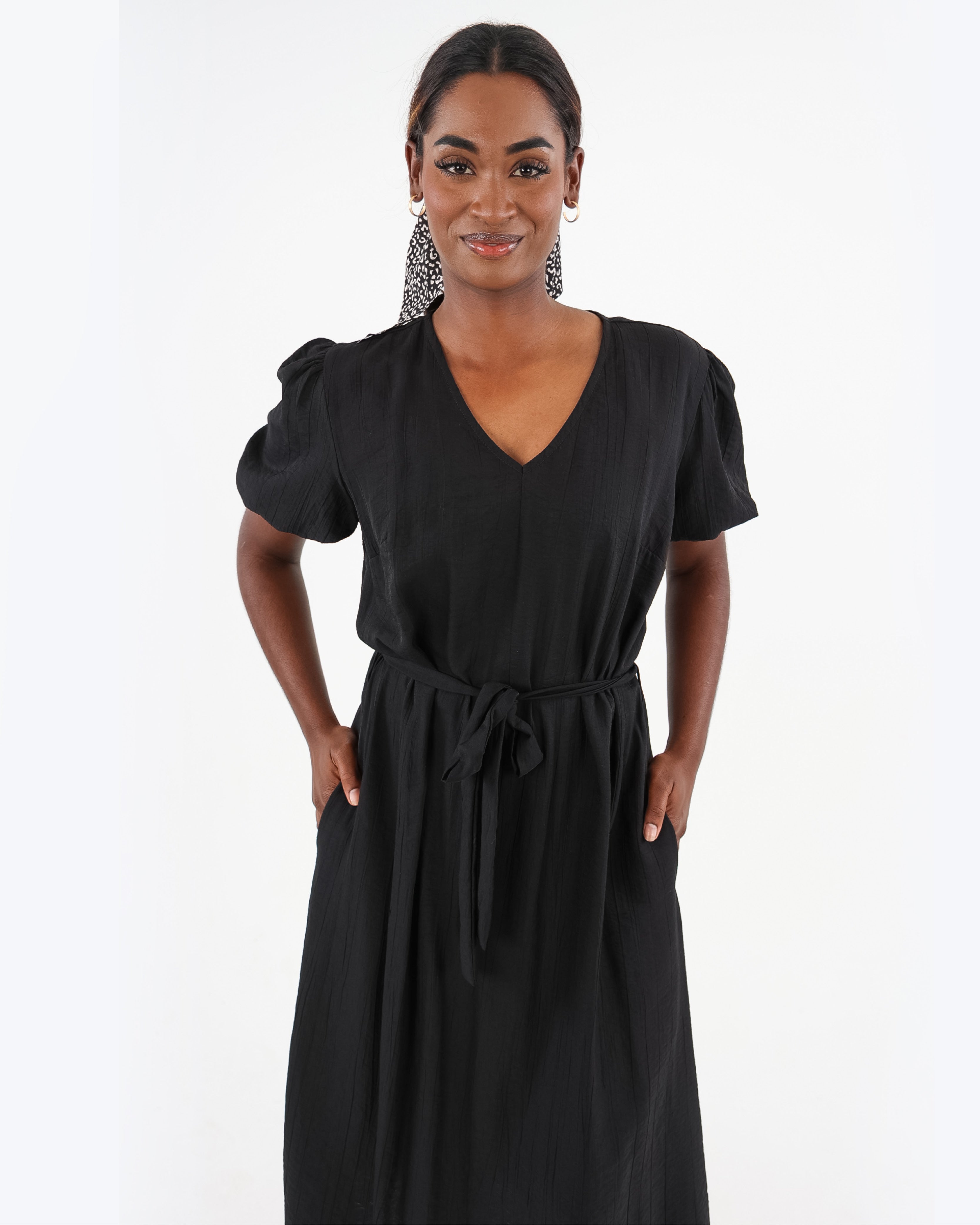 Black Short Puff Sleeve Midi Dress with Belt