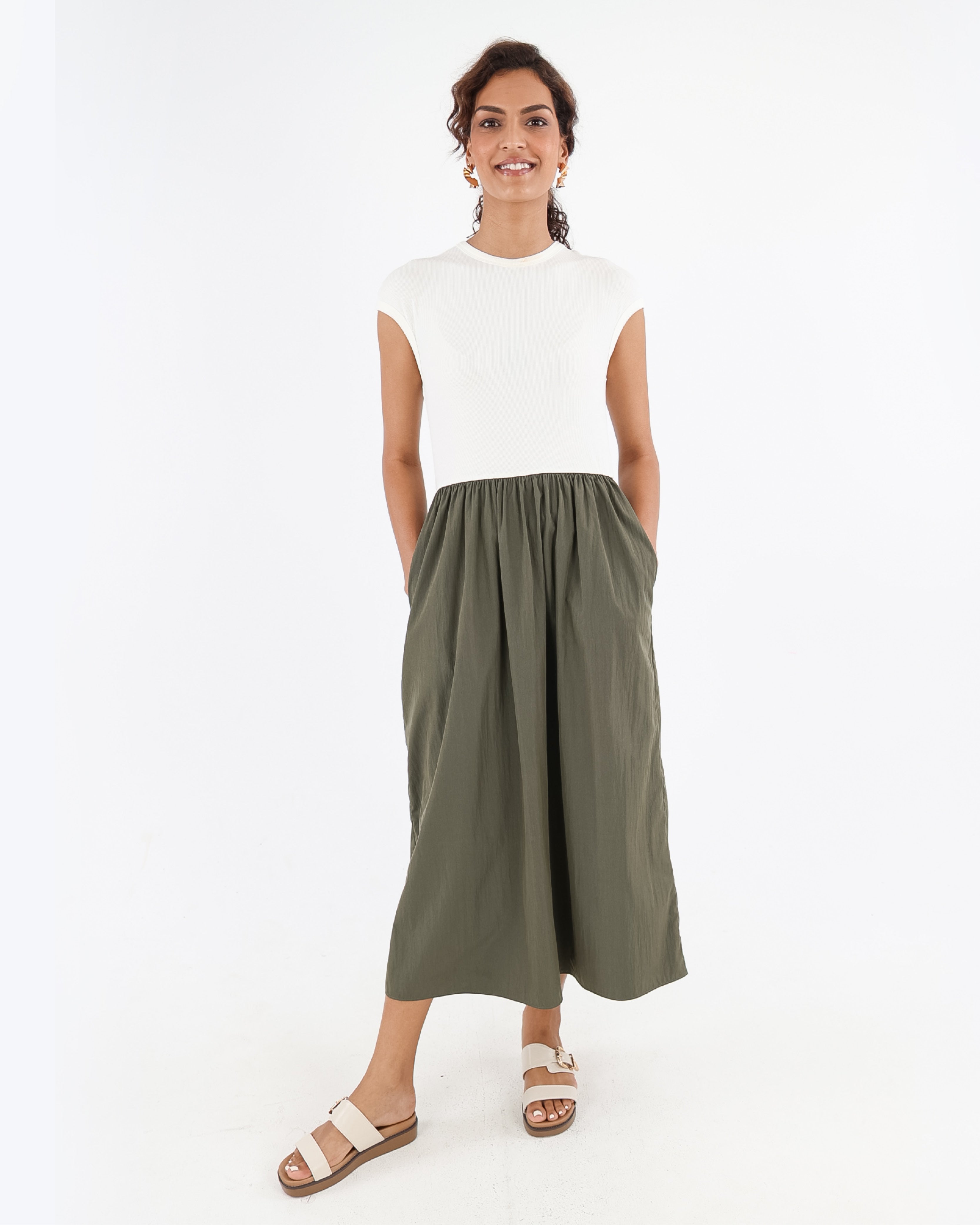 Cap Sleeve Colour Block Midi Dress