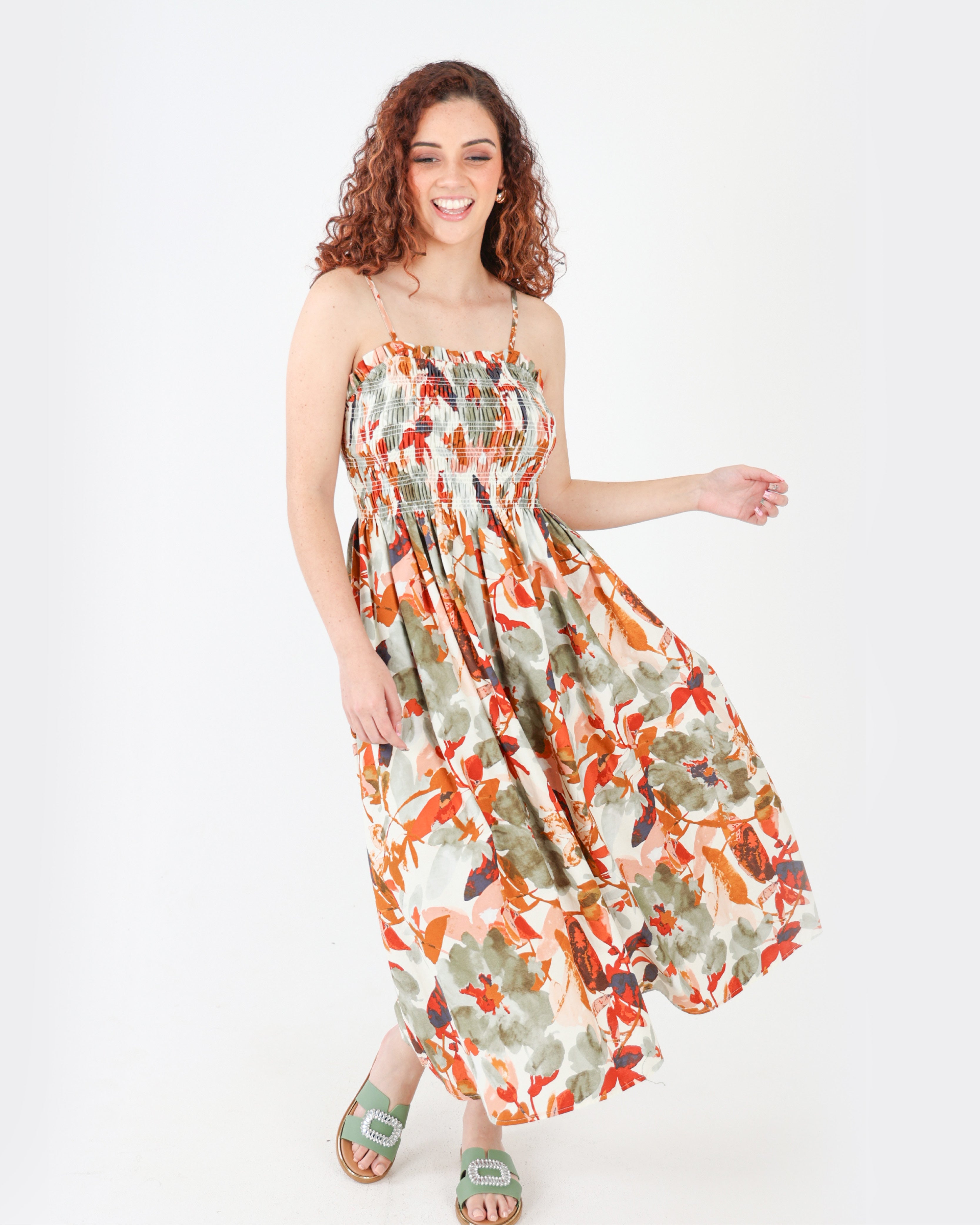 Rust Ruched Bodice Printed Strappy Maxi Dress